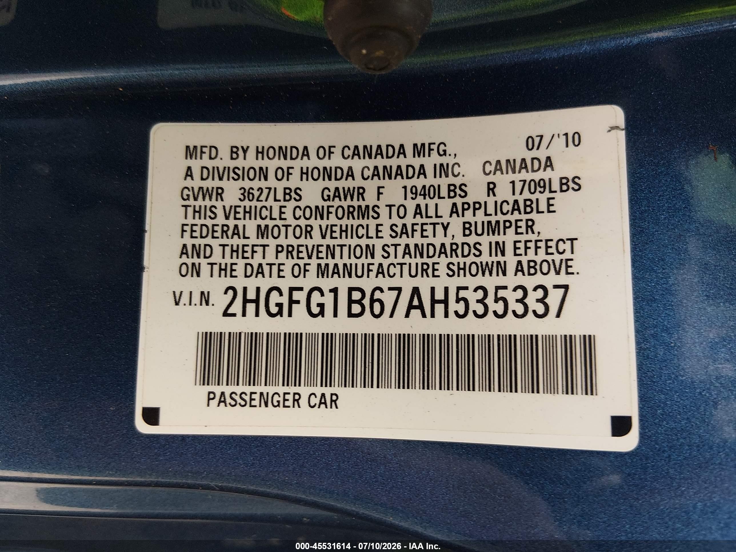 2010 Honda Civic Lx Blue vin: 2HGFG1B67AH535337
