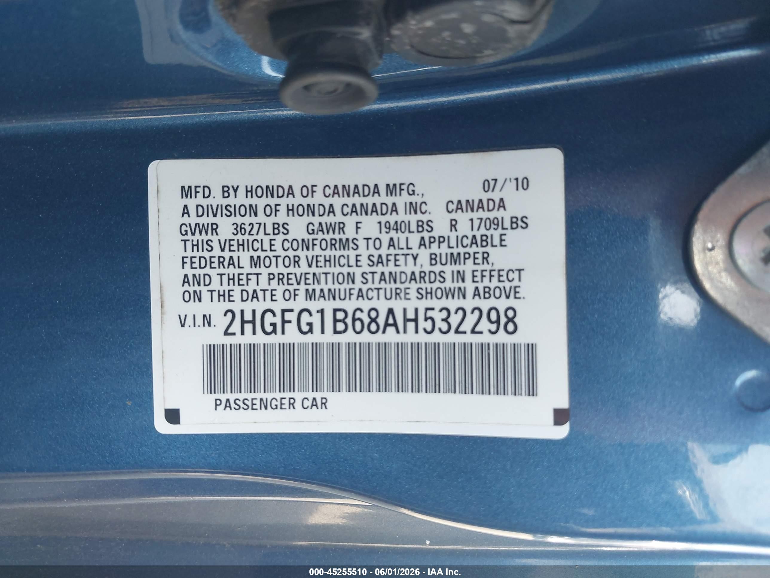 2010 Honda Civic Lx Синий vin: 2HGFG1B68AH532298