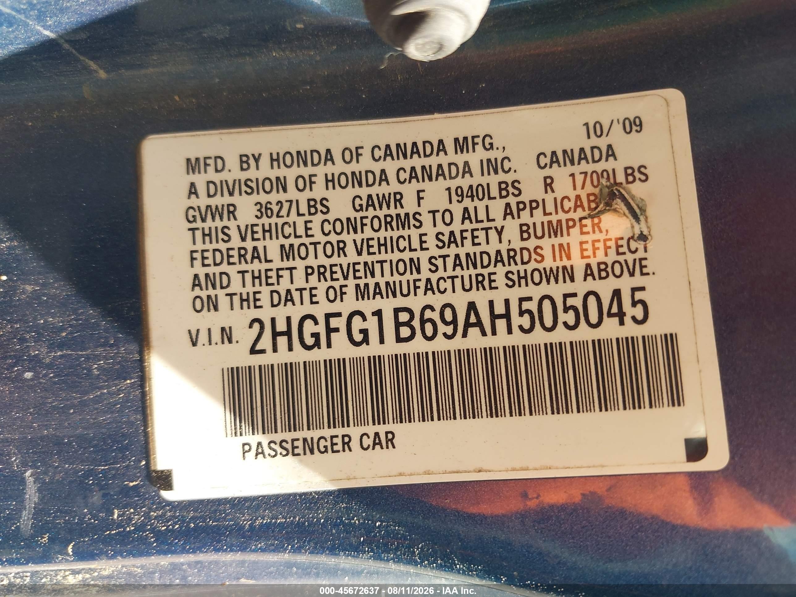 2010 Honda Civic Lx Blue vin: 2HGFG1B69AH505045