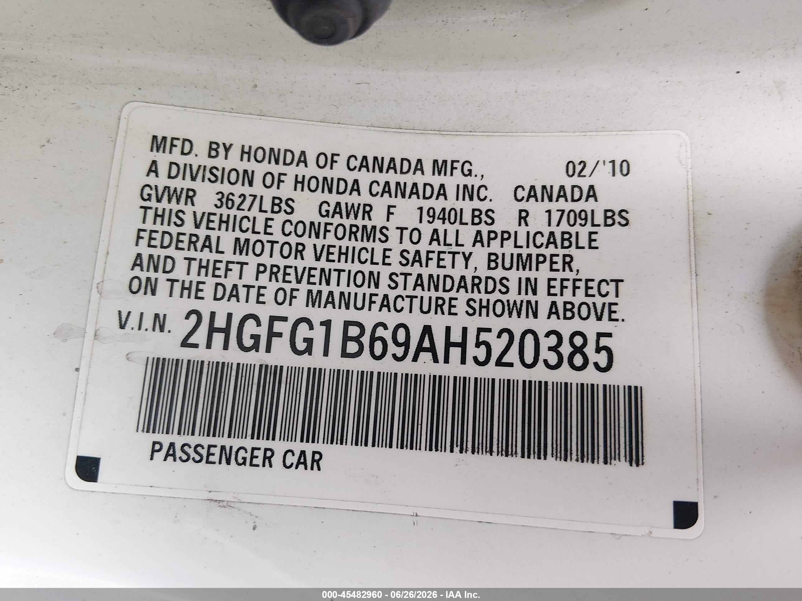 2010 Honda Civic Lx White vin: 2HGFG1B69AH520385