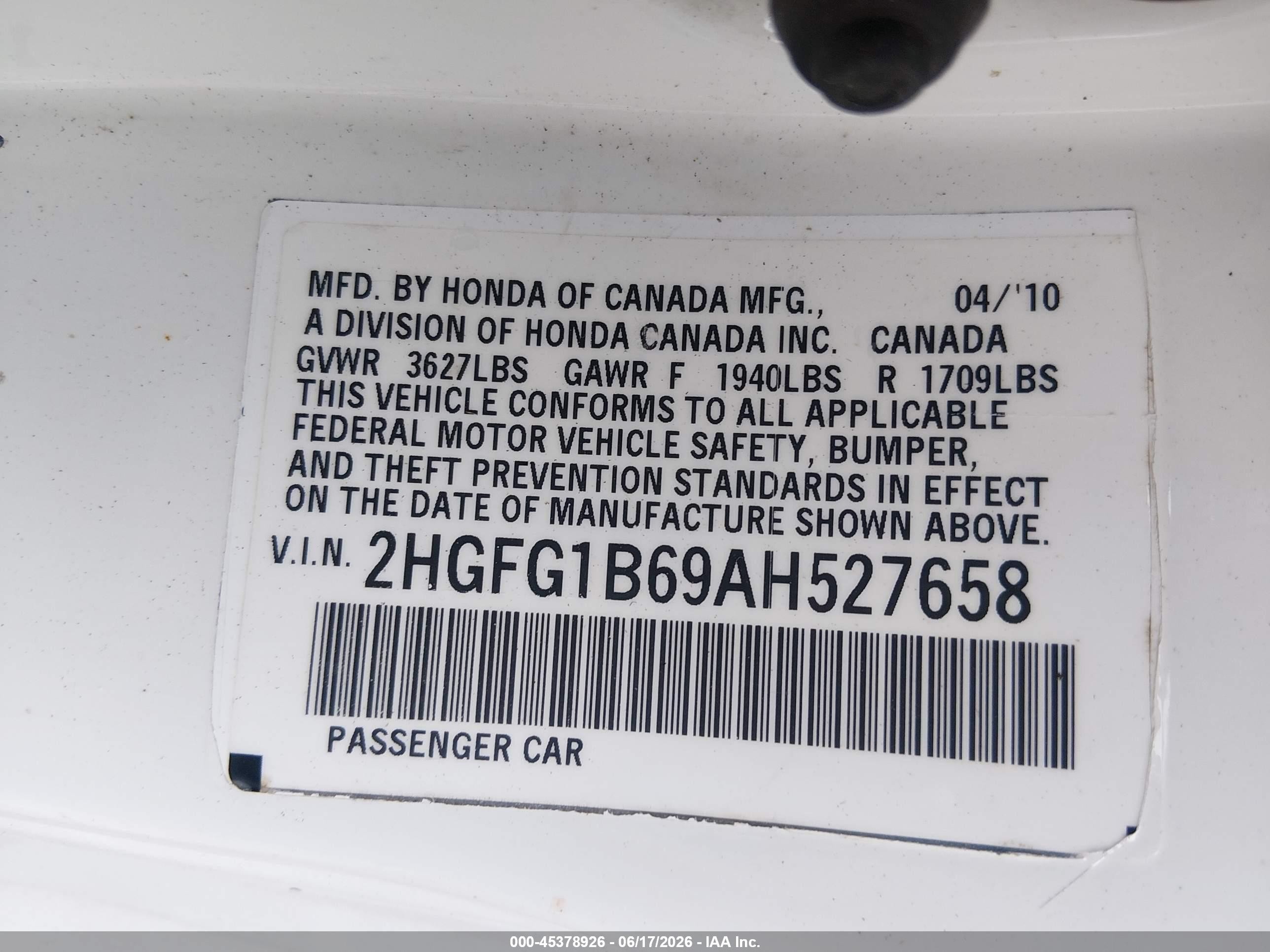 2010 Honda Civic Lx White vin: 2HGFG1B69AH527658
