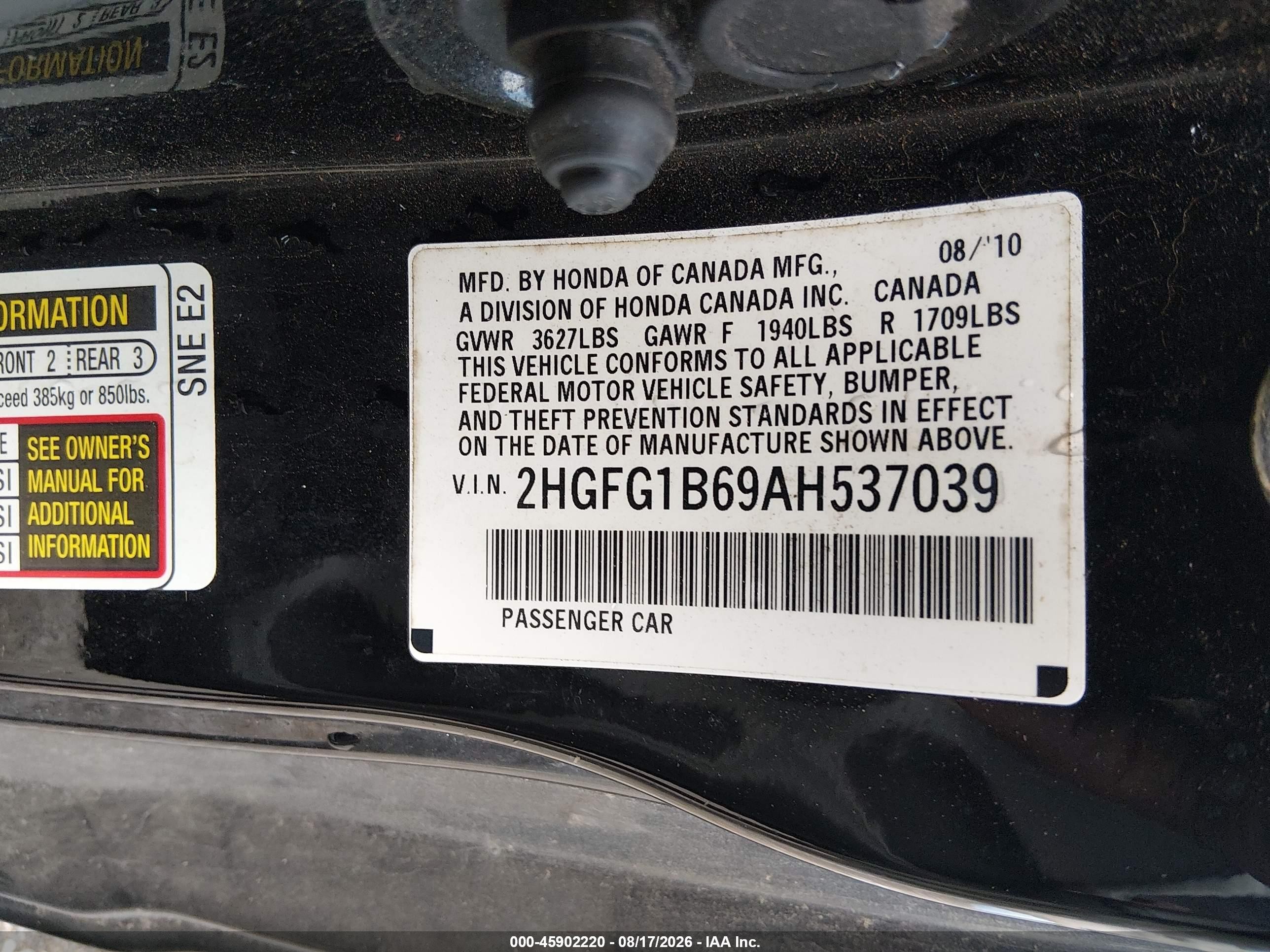 2010 Honda Civic Lx Black vin: 2HGFG1B69AH537039