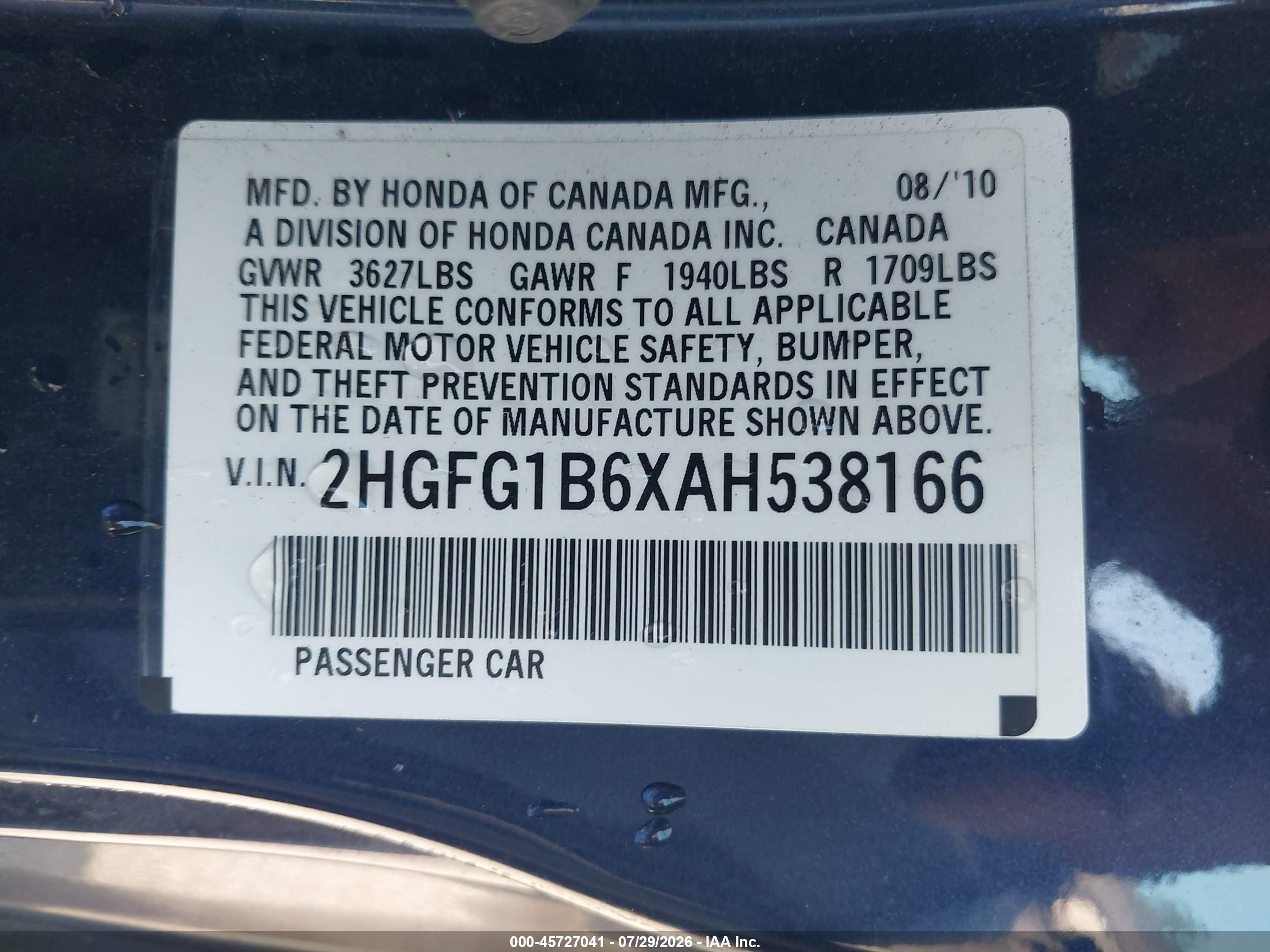 2010 Honda Civic Lx Blue vin: 2HGFG1B6XAH538166