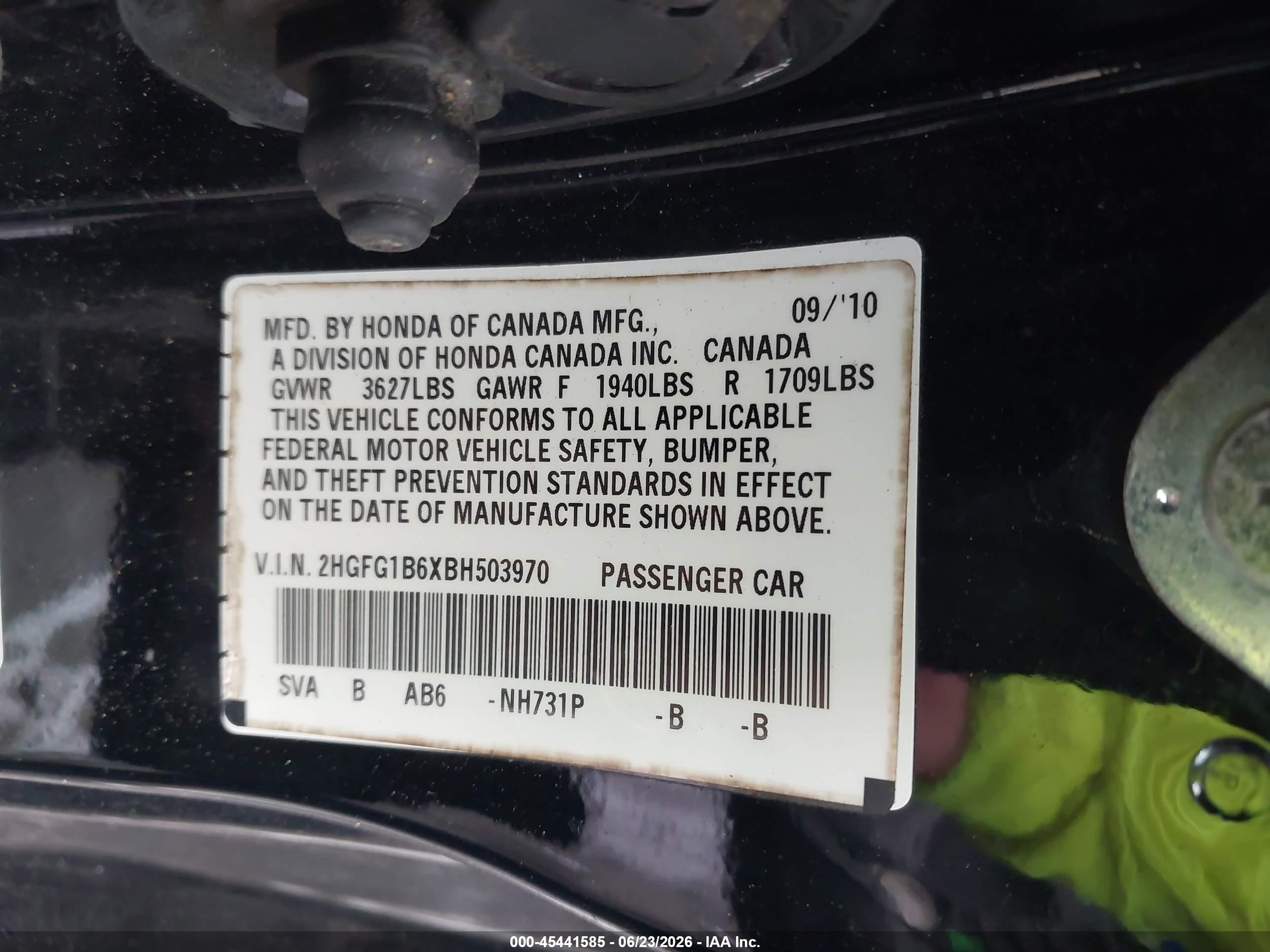 2011 Honda Civic Lx Black vin: 2HGFG1B6XBH503970
