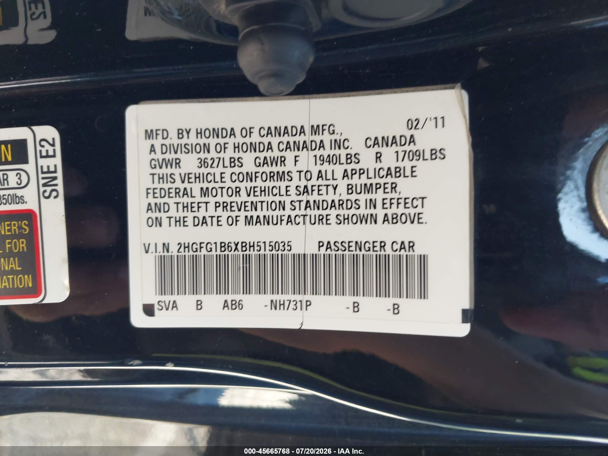 2011 Honda Civic Lx Черный vin: 2HGFG1B6XBH515035
