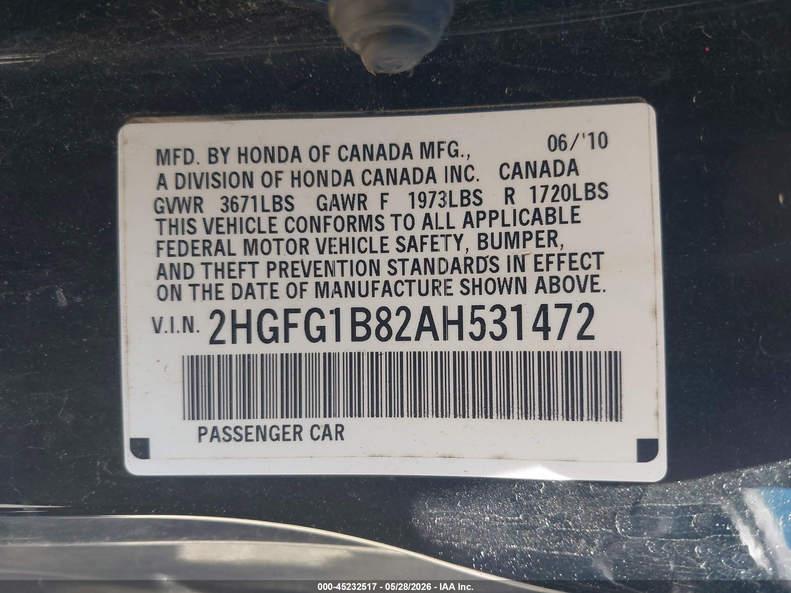 2010 Honda Civic Ex White vin: 2HGFG1B82AH531472