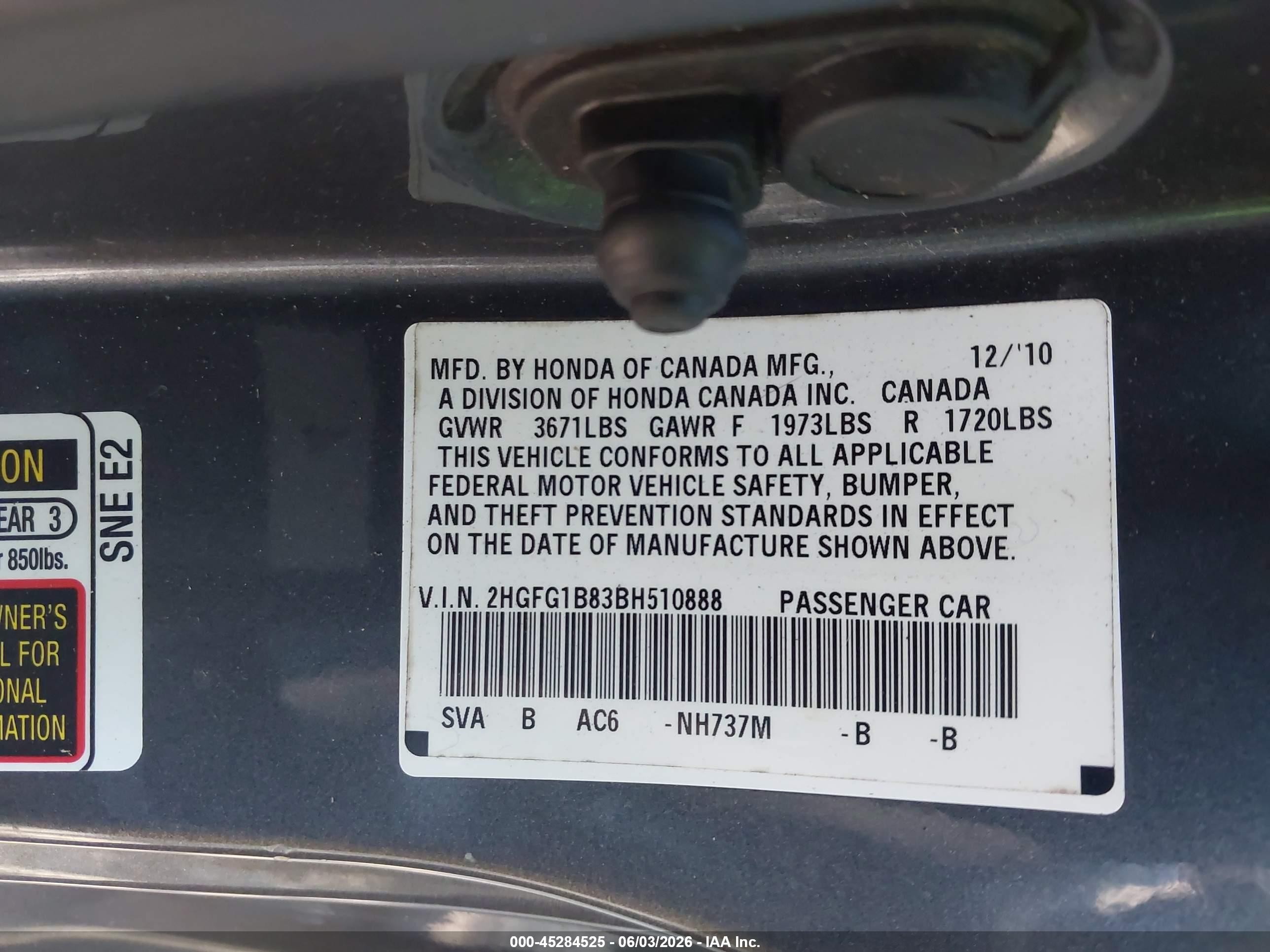 2011 Honda Civic Ex Gray vin: 2HGFG1B83BH510888