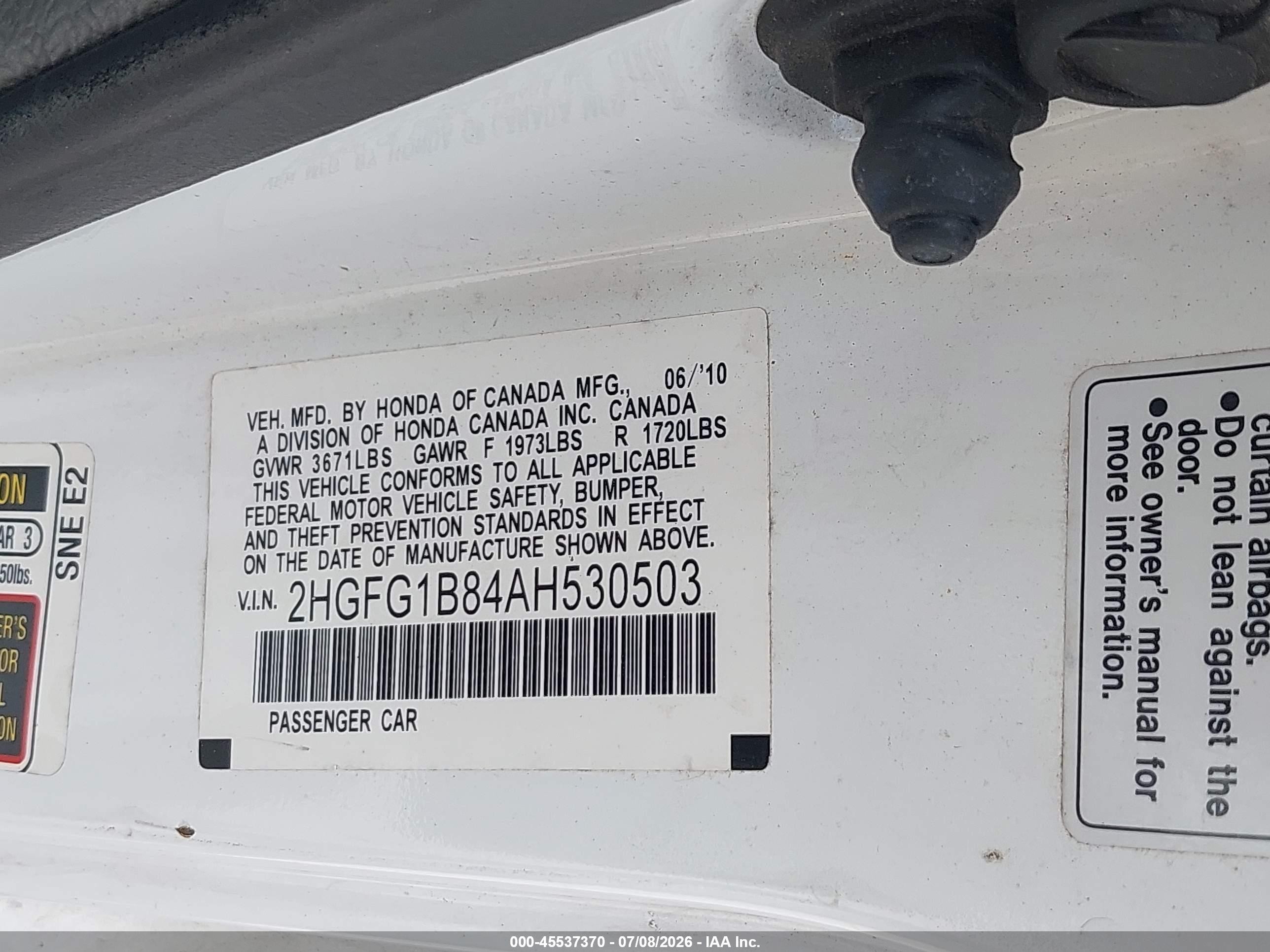 2010 Honda Civic Ex White vin: 2HGFG1B84AH530503