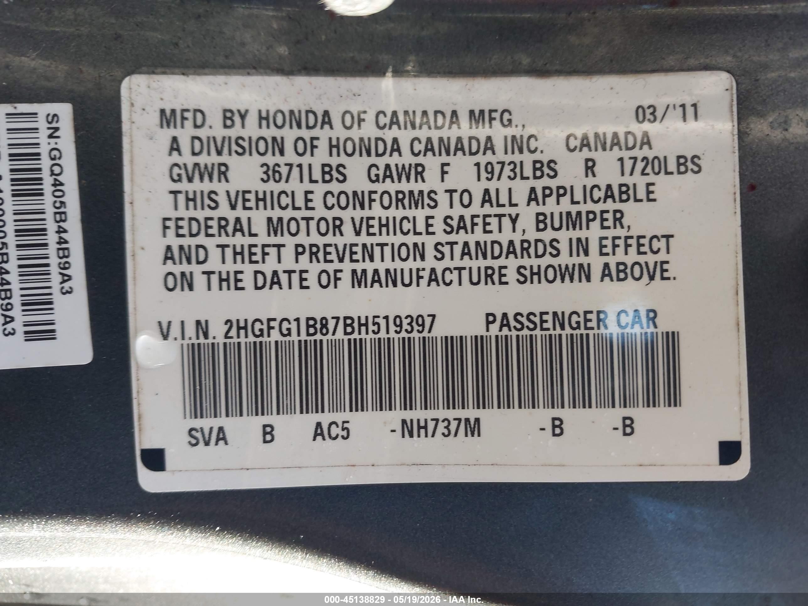 2011 Honda Civic Ex Gray vin: 2HGFG1B87BH519397