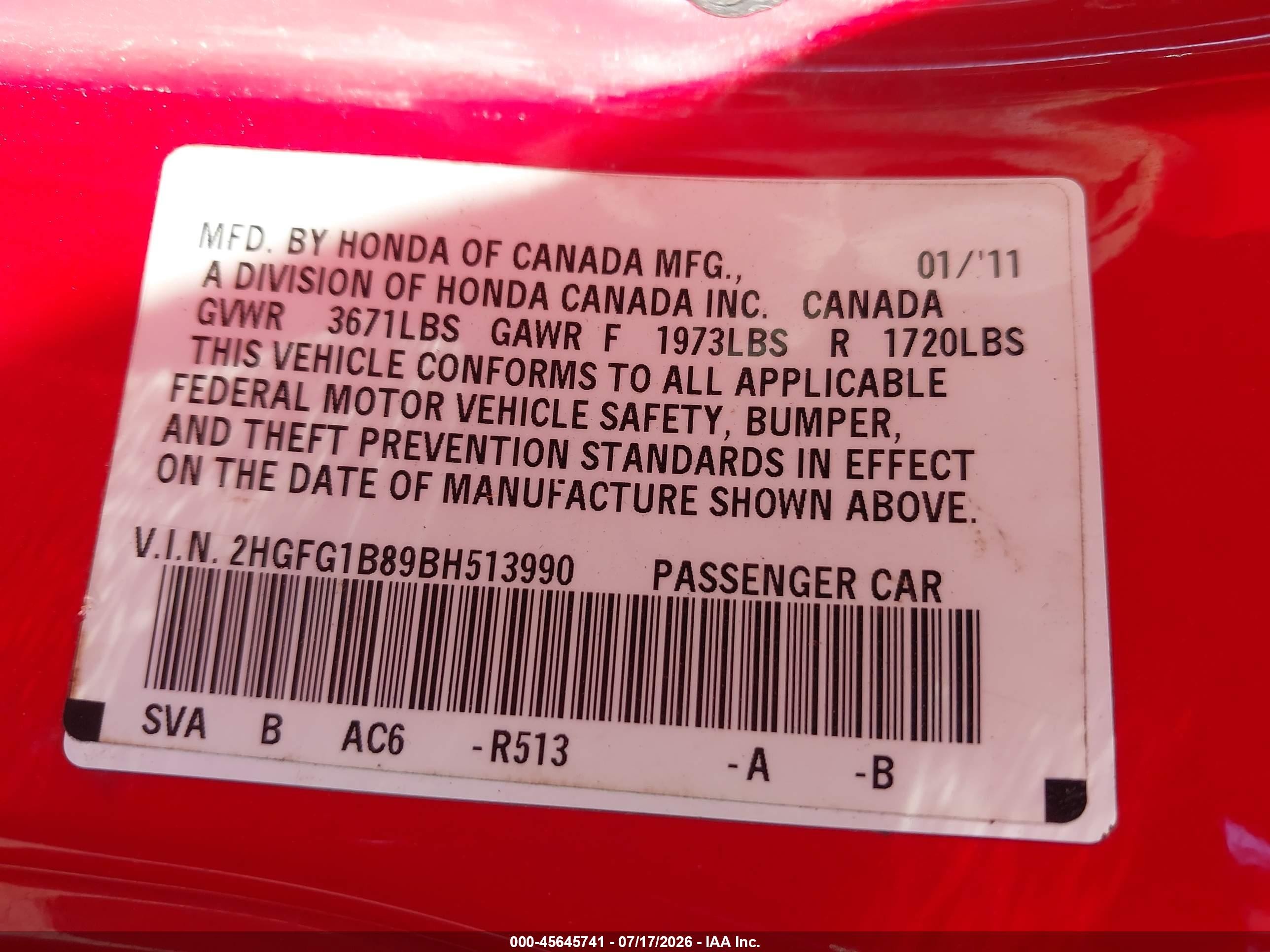 2011 Honda Civic Ex Red vin: 2HGFG1B89BH513990