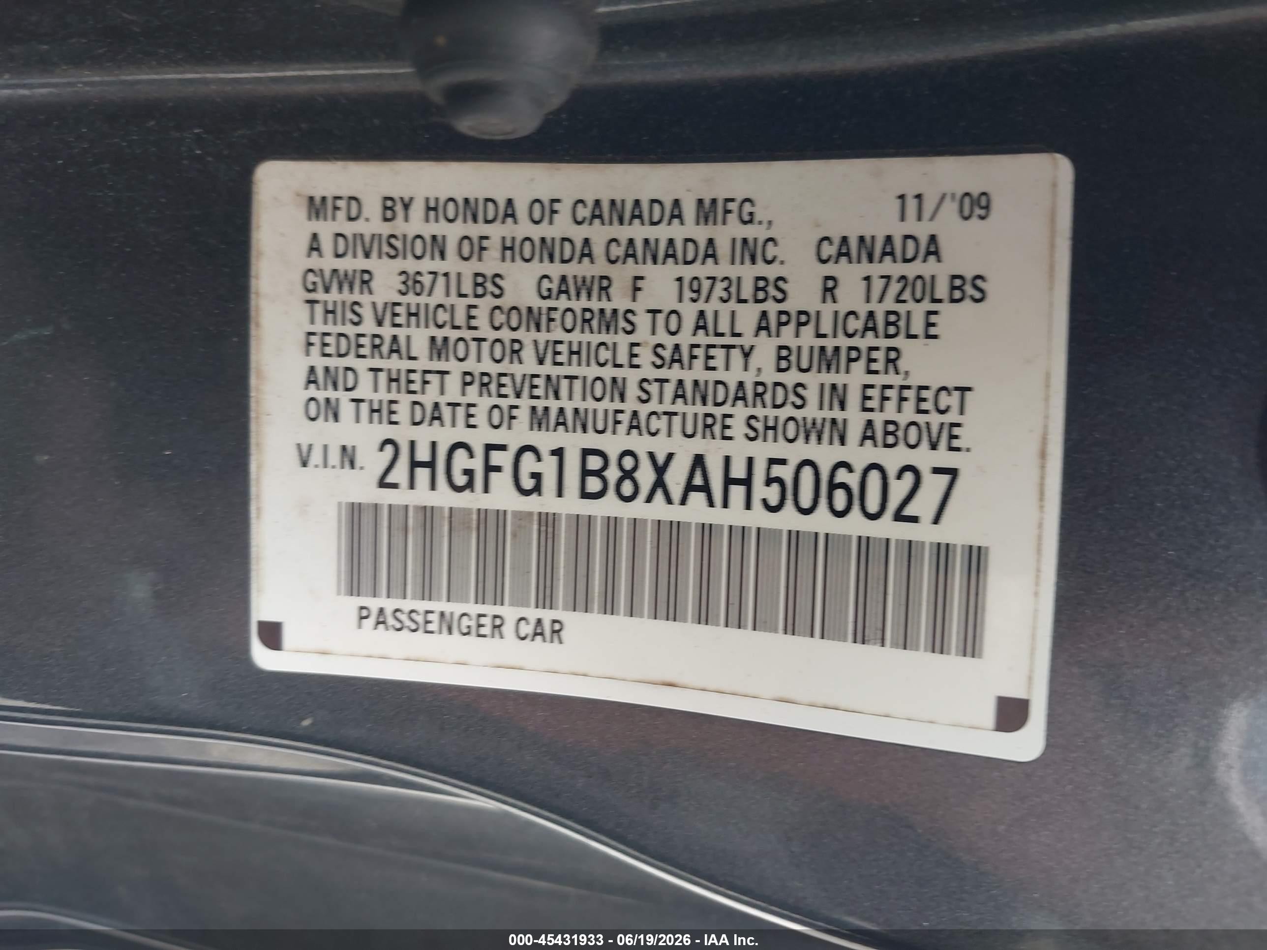 2010 Honda Civic Ex Gray vin: 2HGFG1B8XAH506027