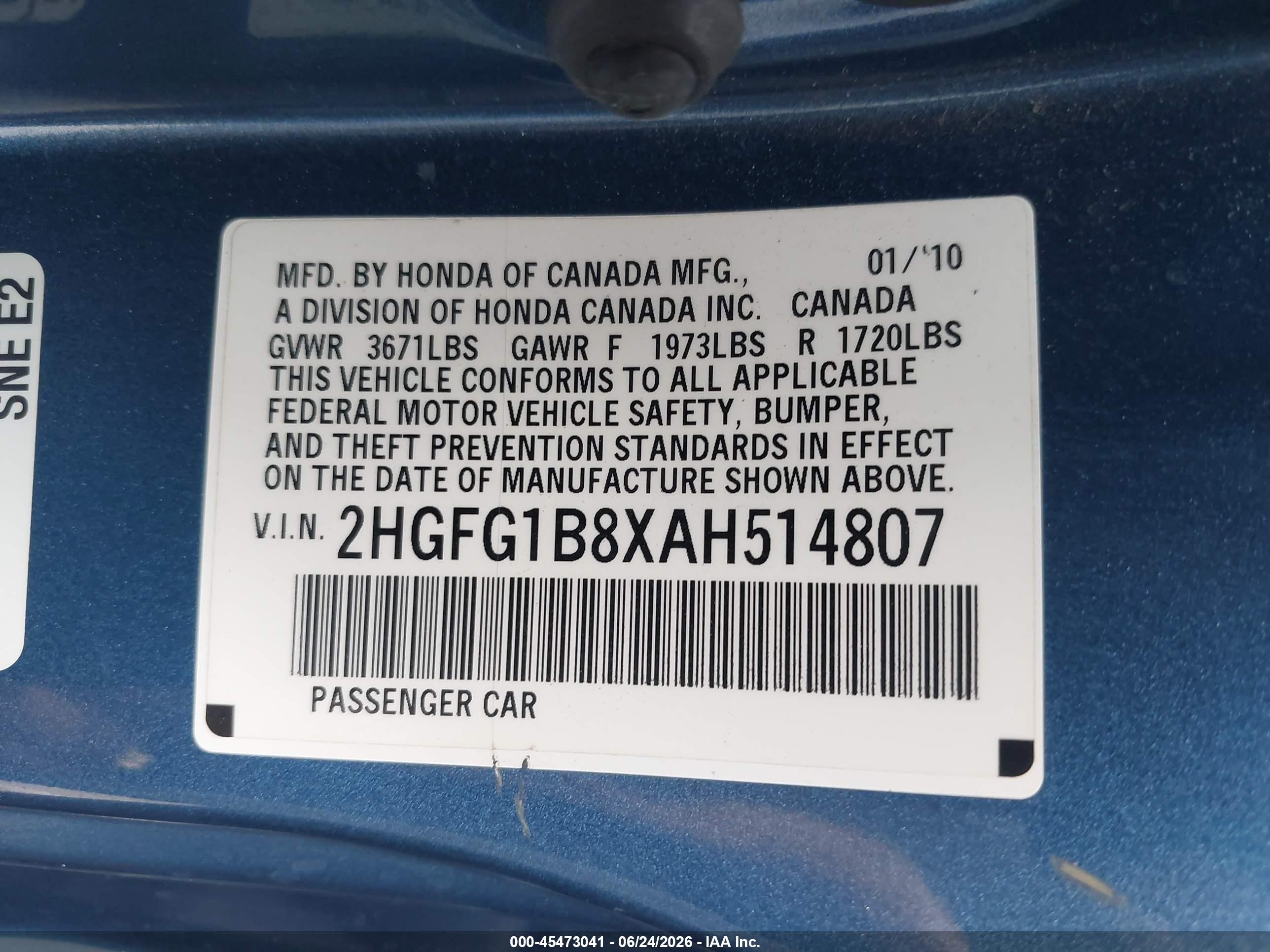 2010 Honda Civic Ex Blue vin: 2HGFG1B8XAH514807