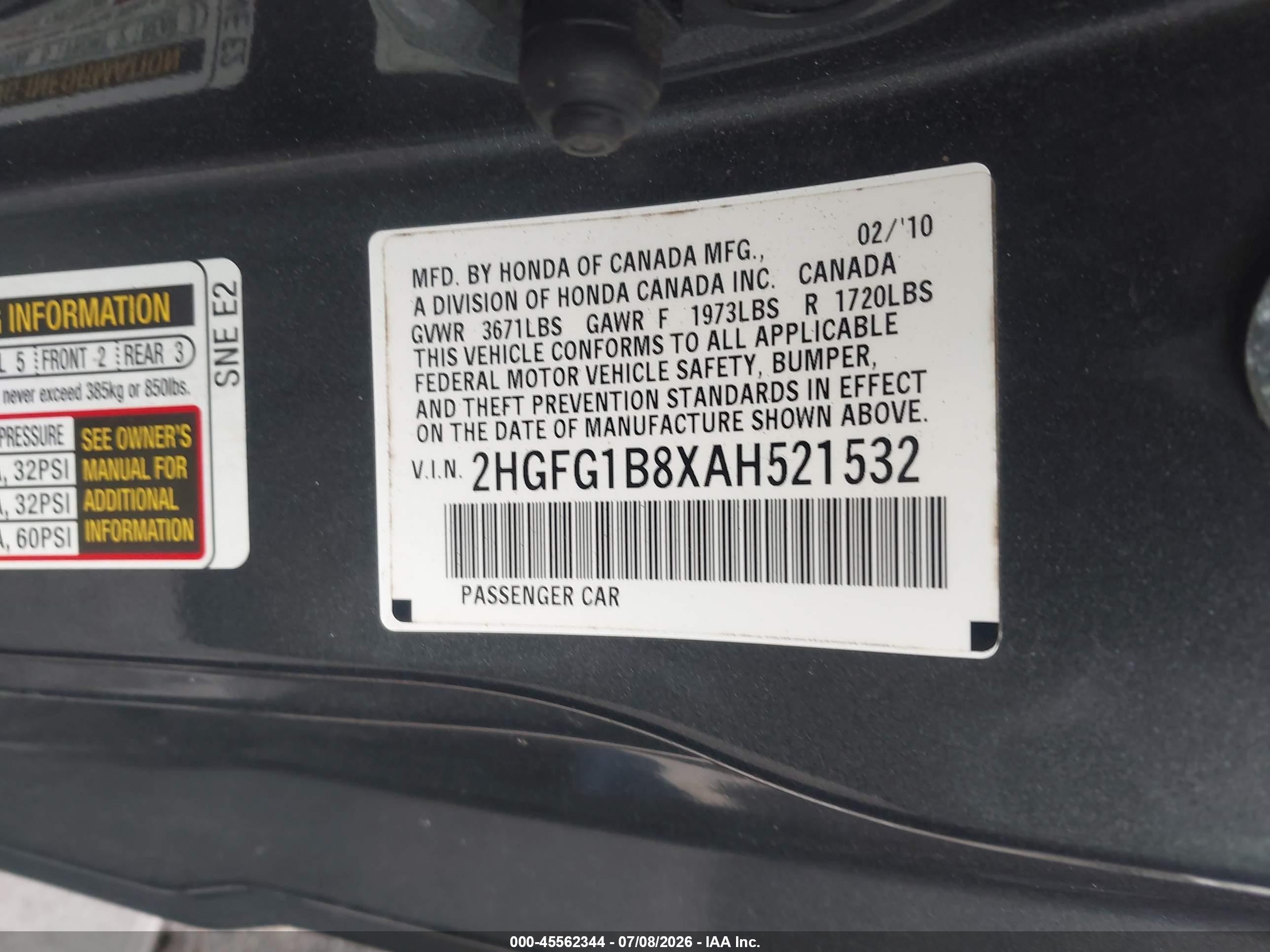2010 Honda Civic Ex Серый vin: 2HGFG1B8XAH521532