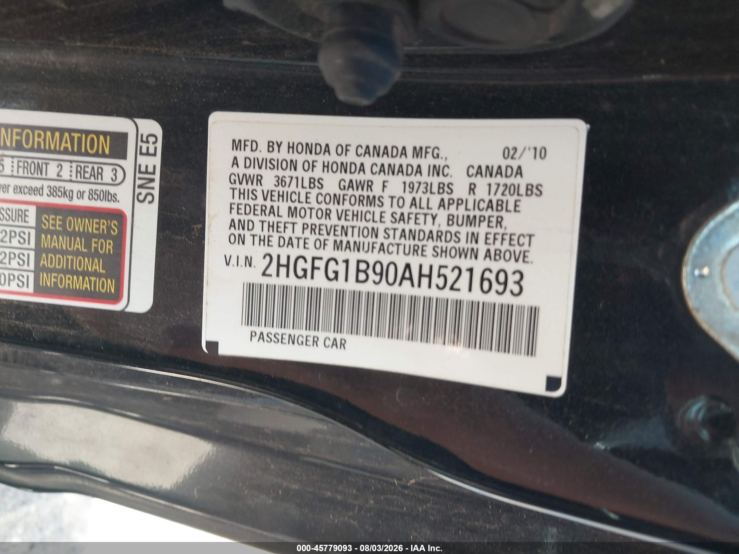 2010 Honda Civic Ex-l Black vin: 2HGFG1B90AH521693