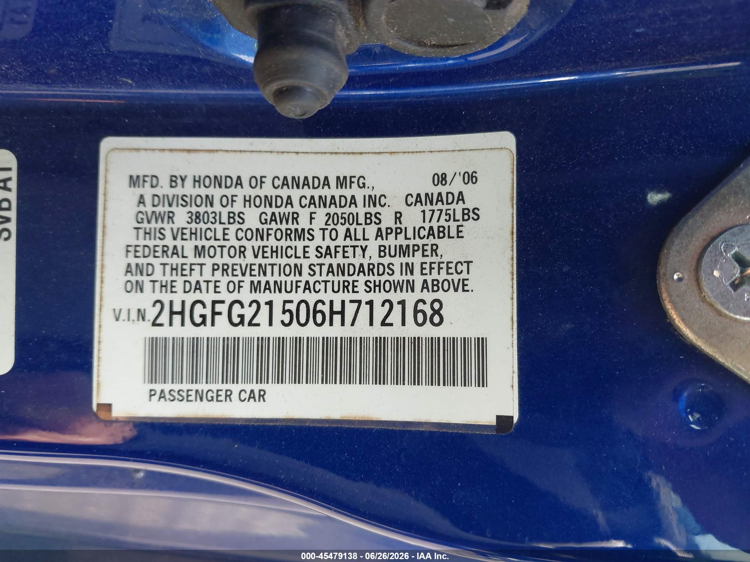 2006 Honda Civic Si Blue vin: 2HGFG21506H712168