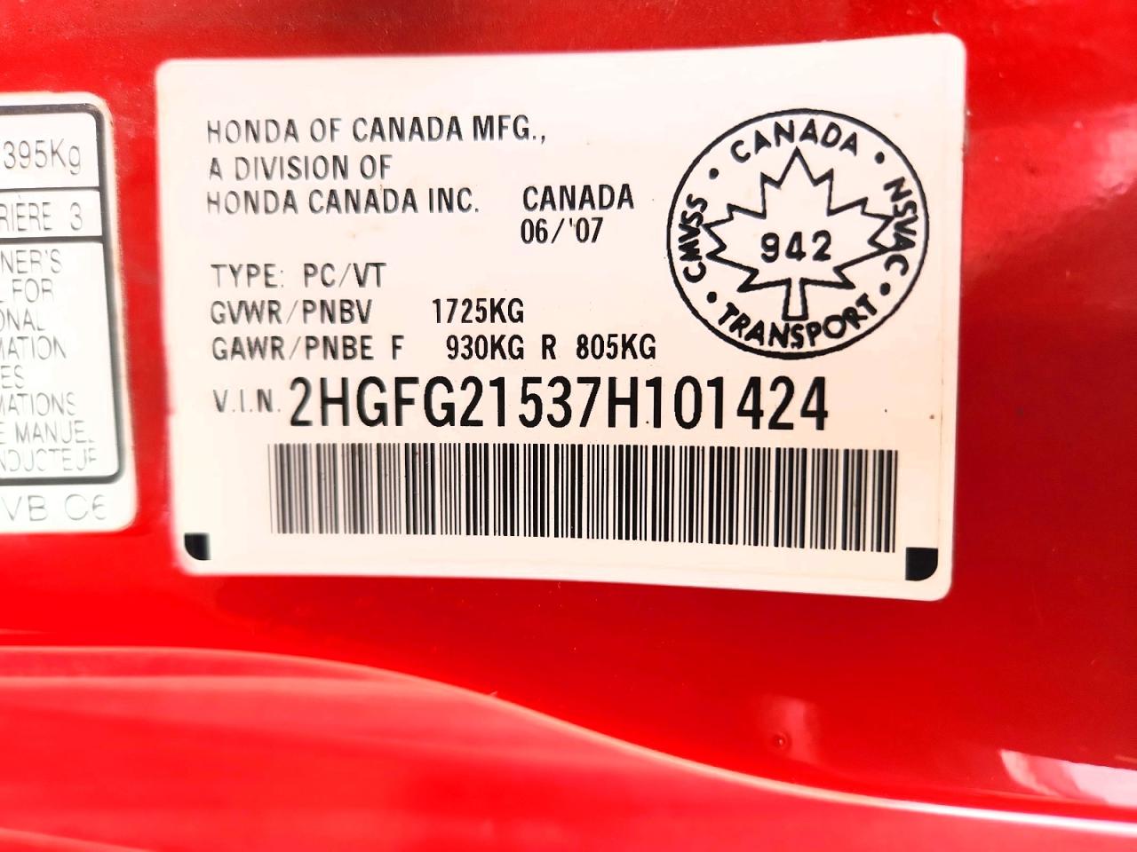 2007 Honda Civic Si Red vin: 2HGFG21537H101424