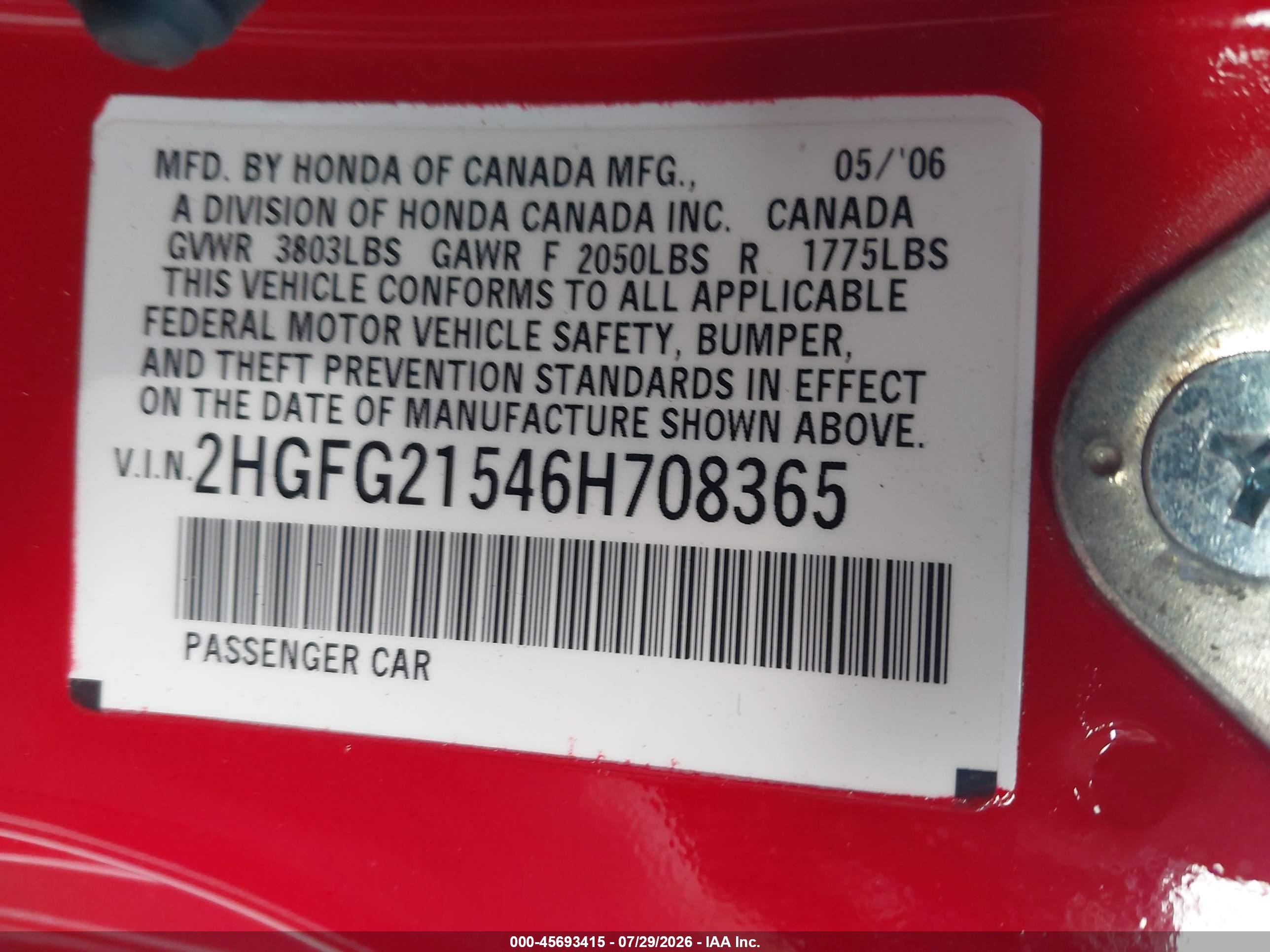 2006 Honda Civic Si Red vin: 2HGFG21546H708365