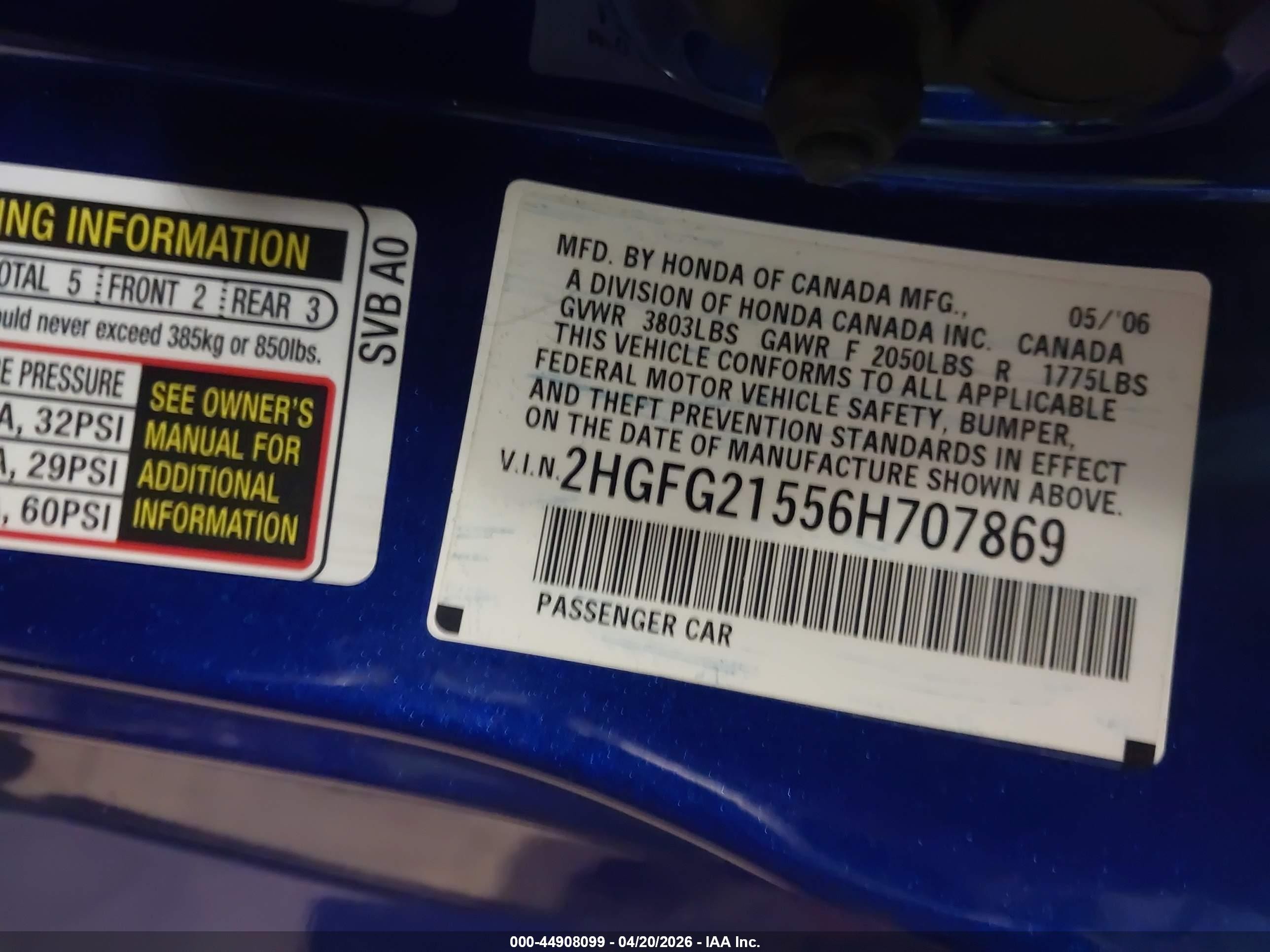 2006 Honda Civic Si Si/si (m6)/w/navi   St Blue vin: 2HGFG21556H707869