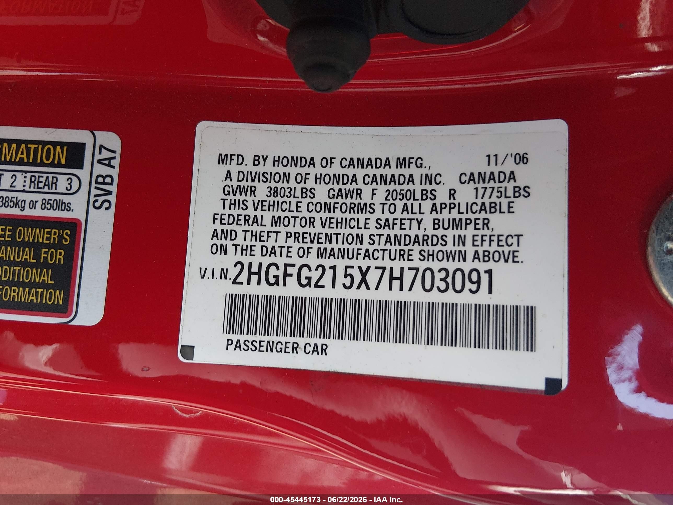 2007 Honda Civic Si Red vin: 2HGFG215X7H703091