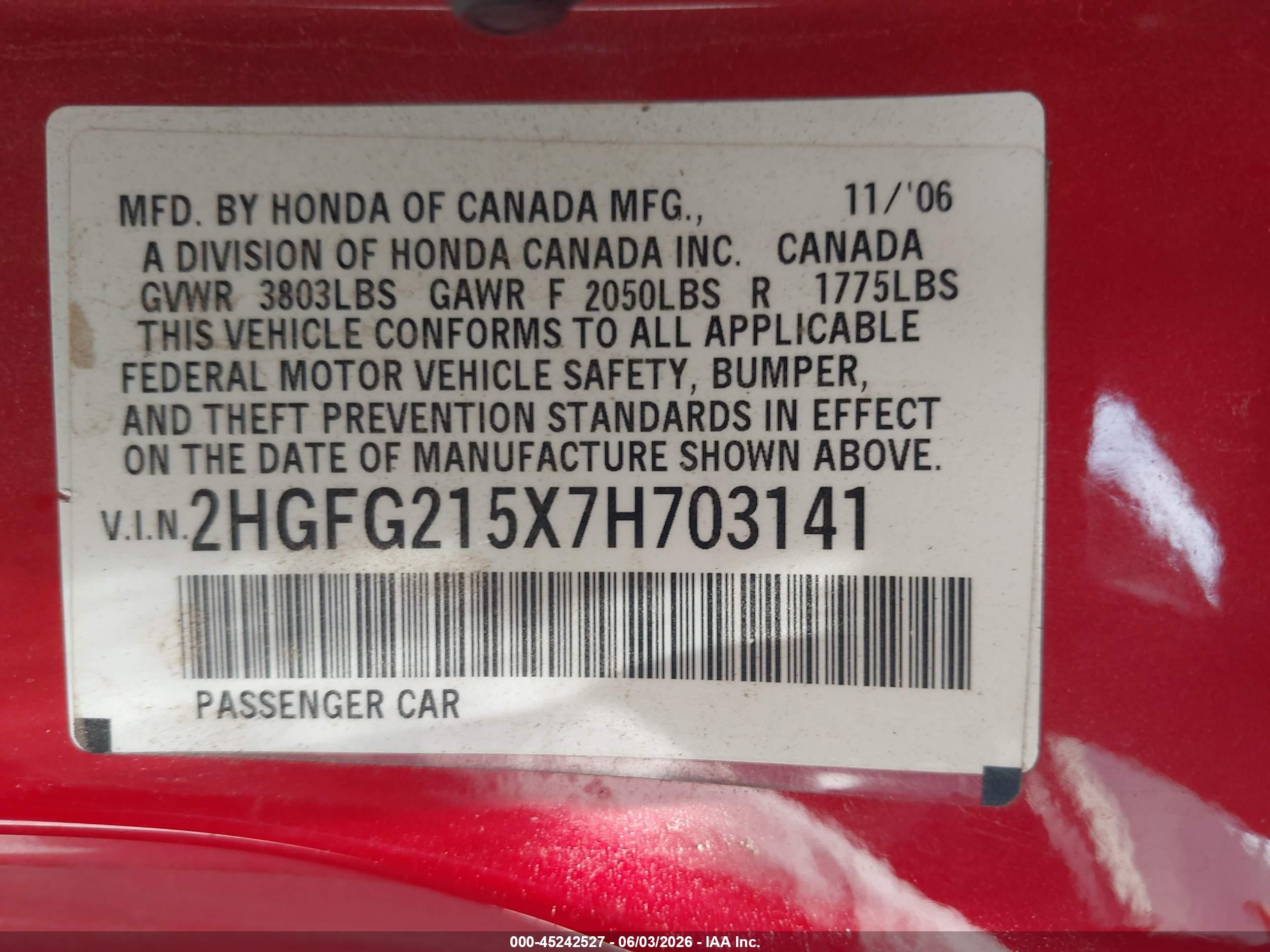 2007 Honda Civic Si Red vin: 2HGFG215X7H703141