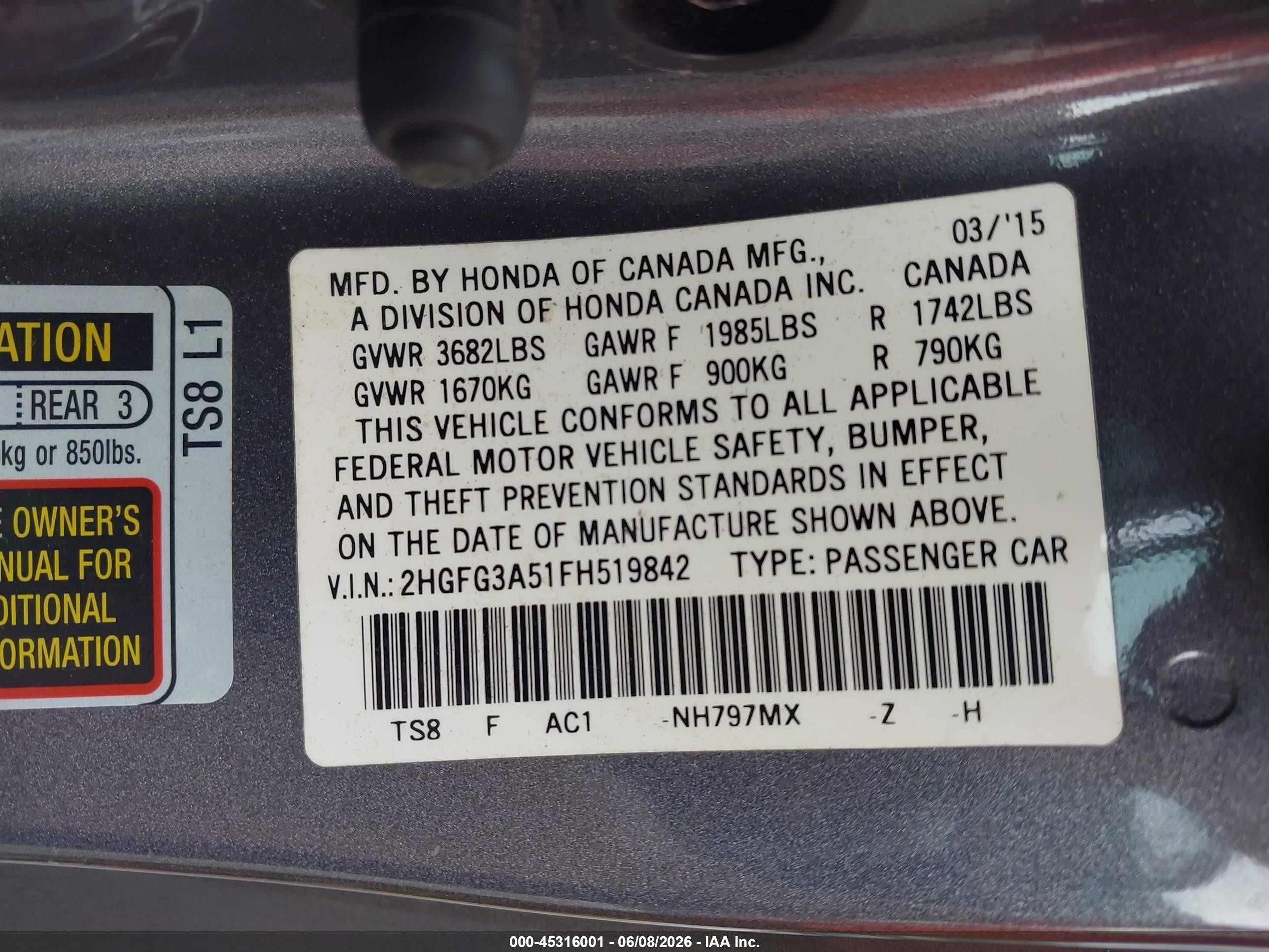 2015 Honda Civic Lx Gray vin: 2HGFG3A51FH519842