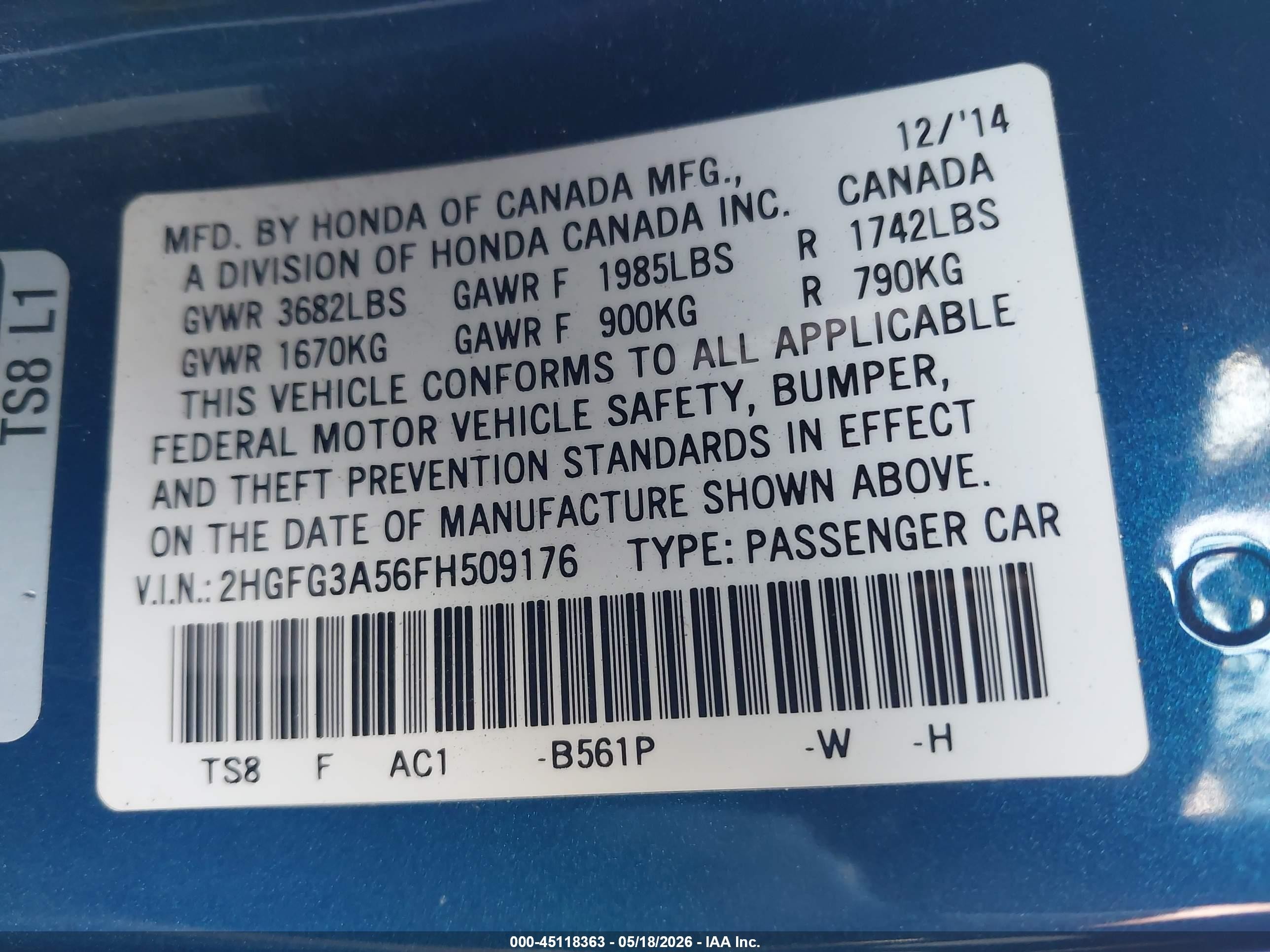 2015 Honda Civic Lx Blue vin: 2HGFG3A56FH509176
