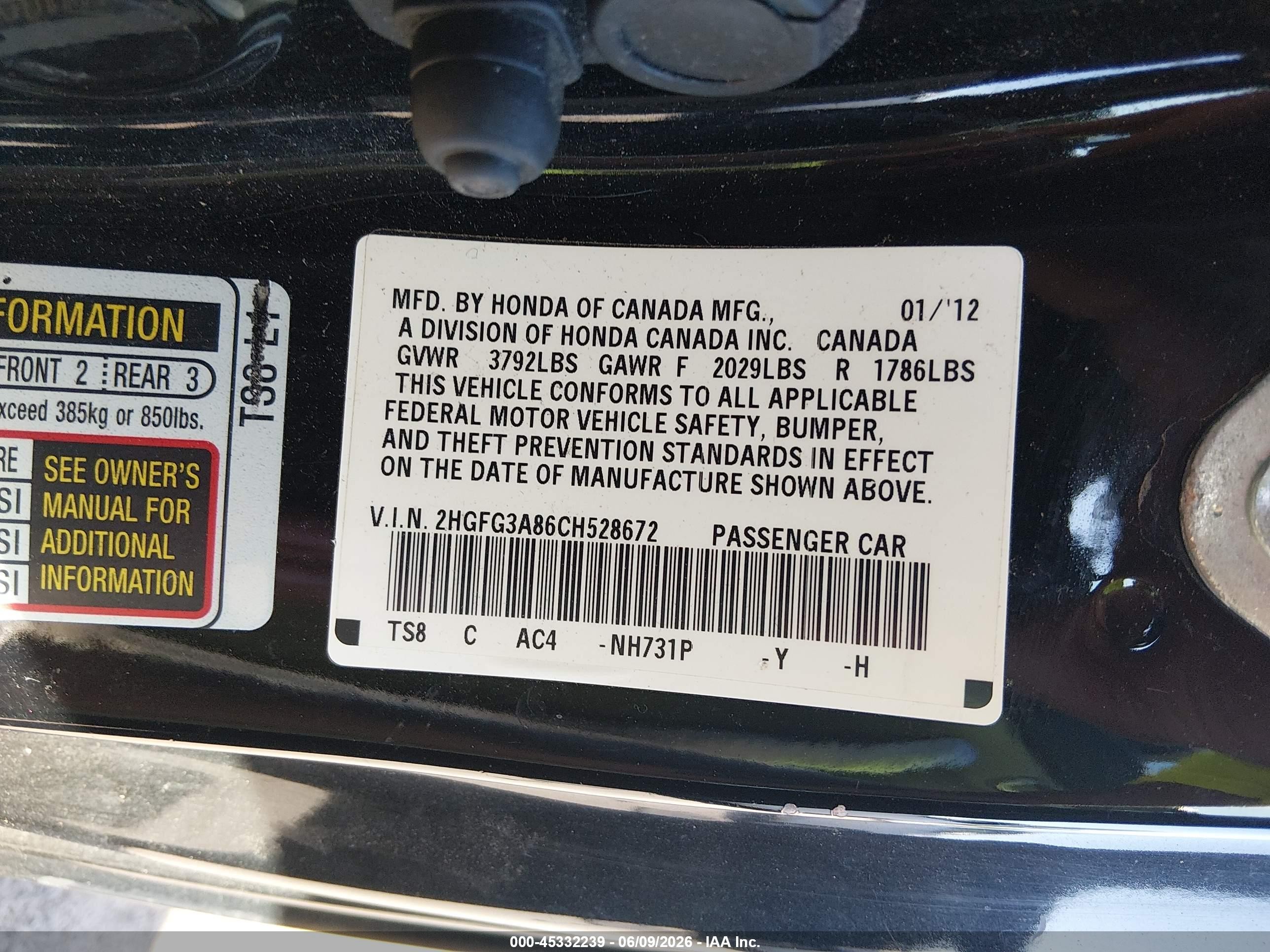 2012 Honda Civic Ex Black vin: 2HGFG3A86CH528672