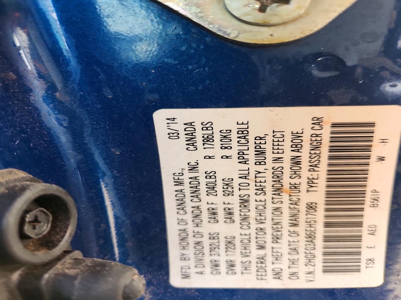 2014 Honda Civic Ex Blue vin: 2HGFG3A86EH517089