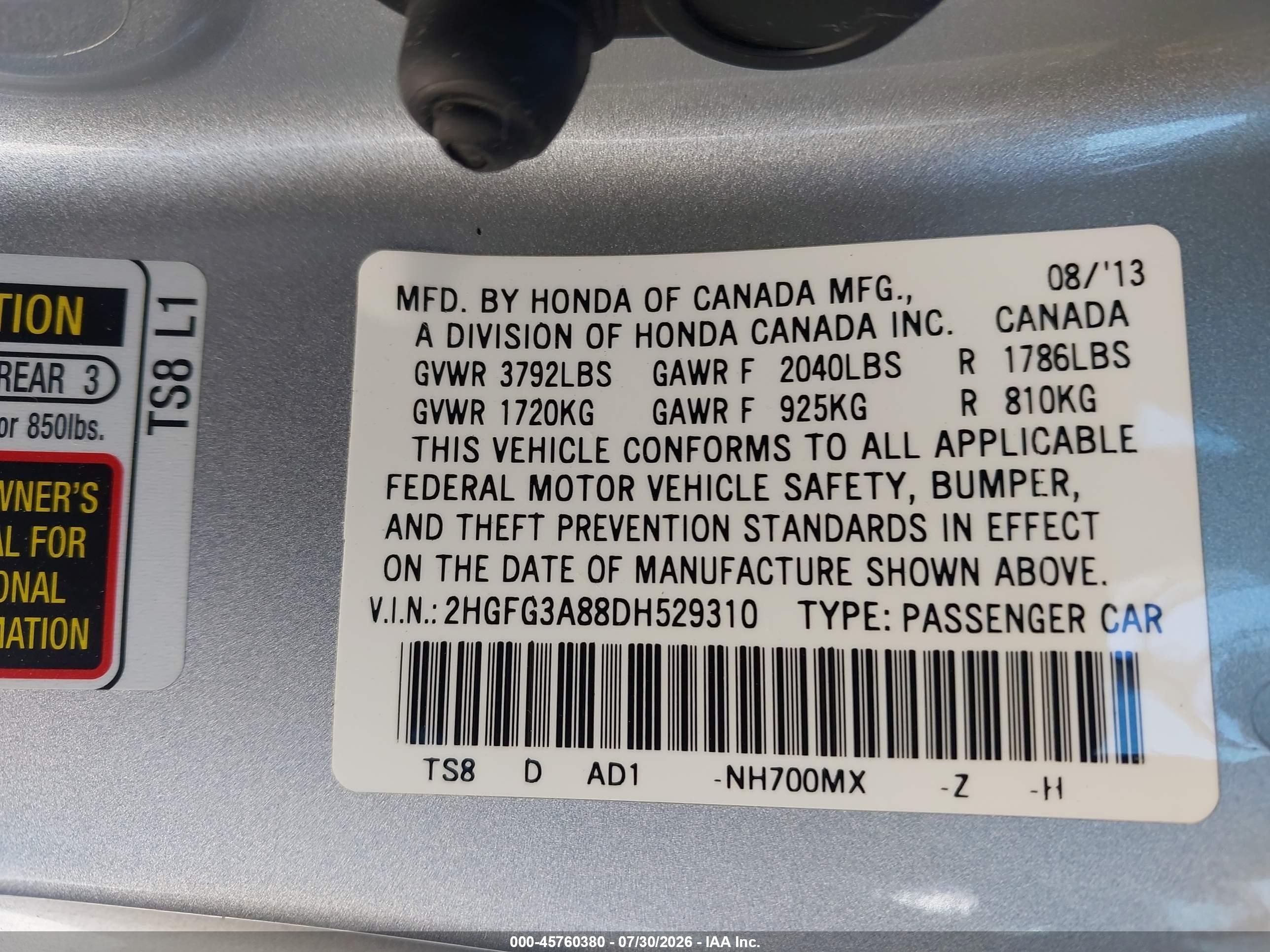 2013 Honda Civic Ex Silver vin: 2HGFG3A88DH529310
