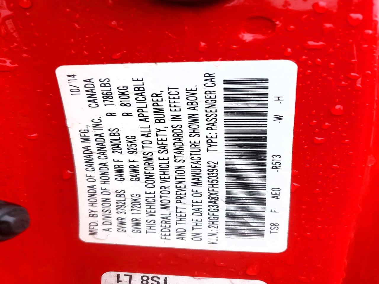 2015 Honda Civic Ex Red vin: 2HGFG3A8XFH503942