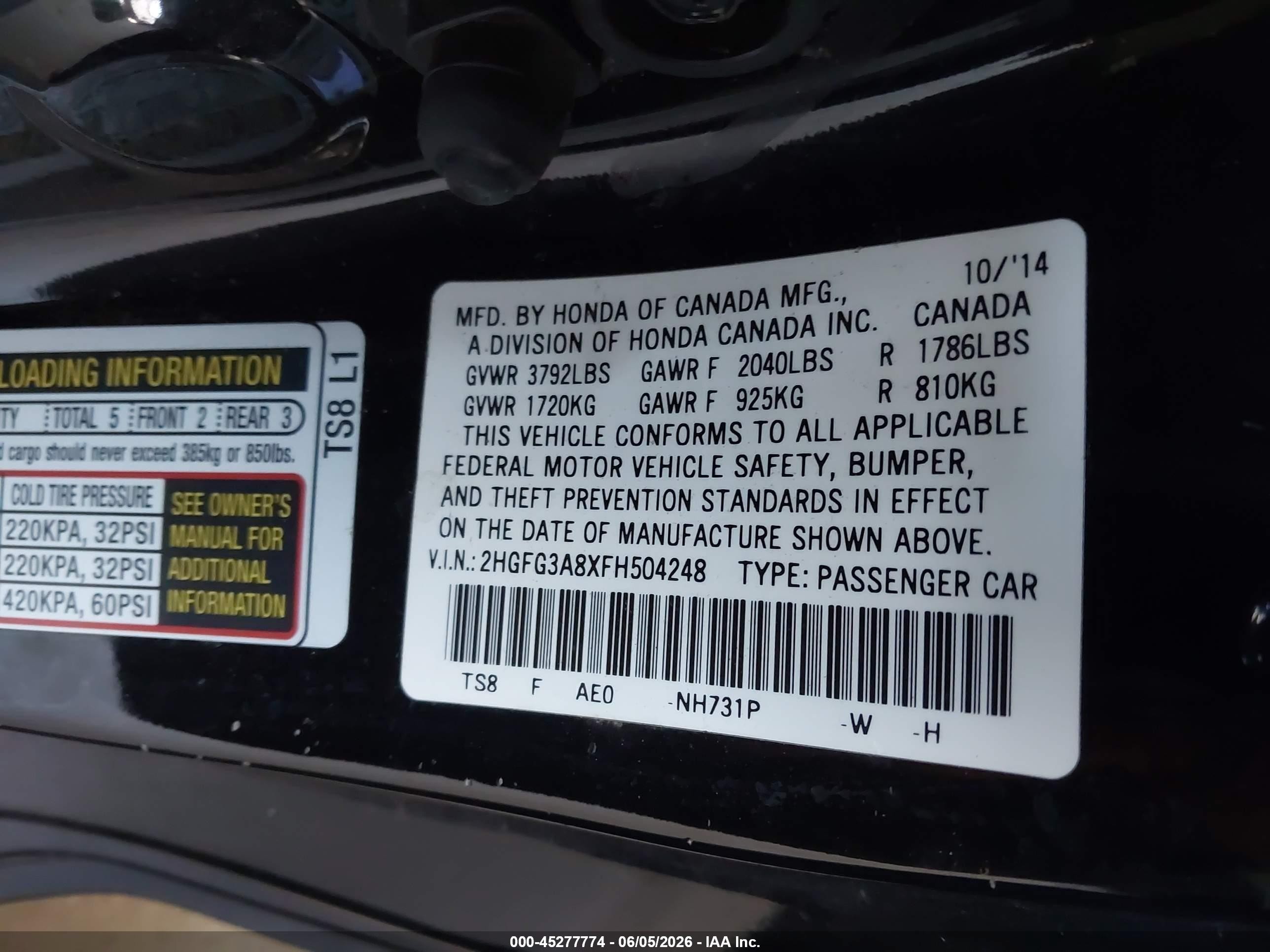 2015 Honda Civic Ex Black vin: 2HGFG3A8XFH504248