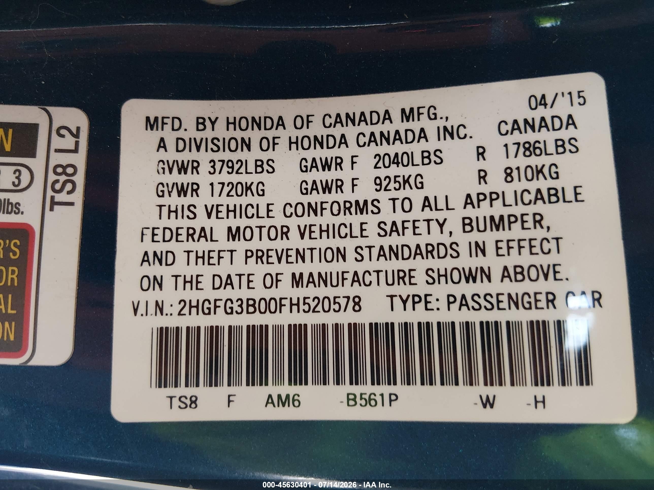 2015 Honda Civic Ex-l Blue vin: 2HGFG3B00FH520578