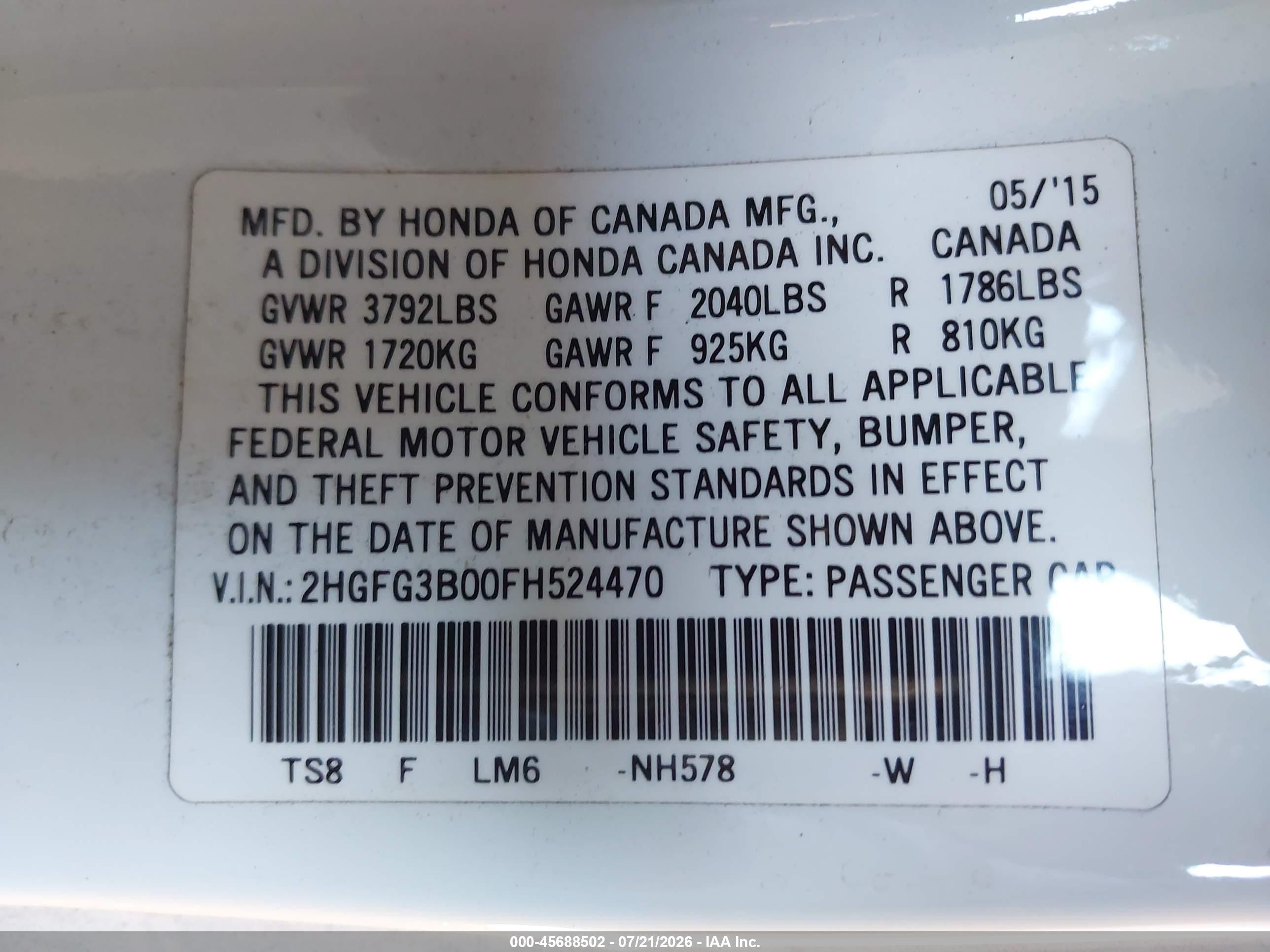 2015 Honda Civic Ex-l White vin: 2HGFG3B00FH524470