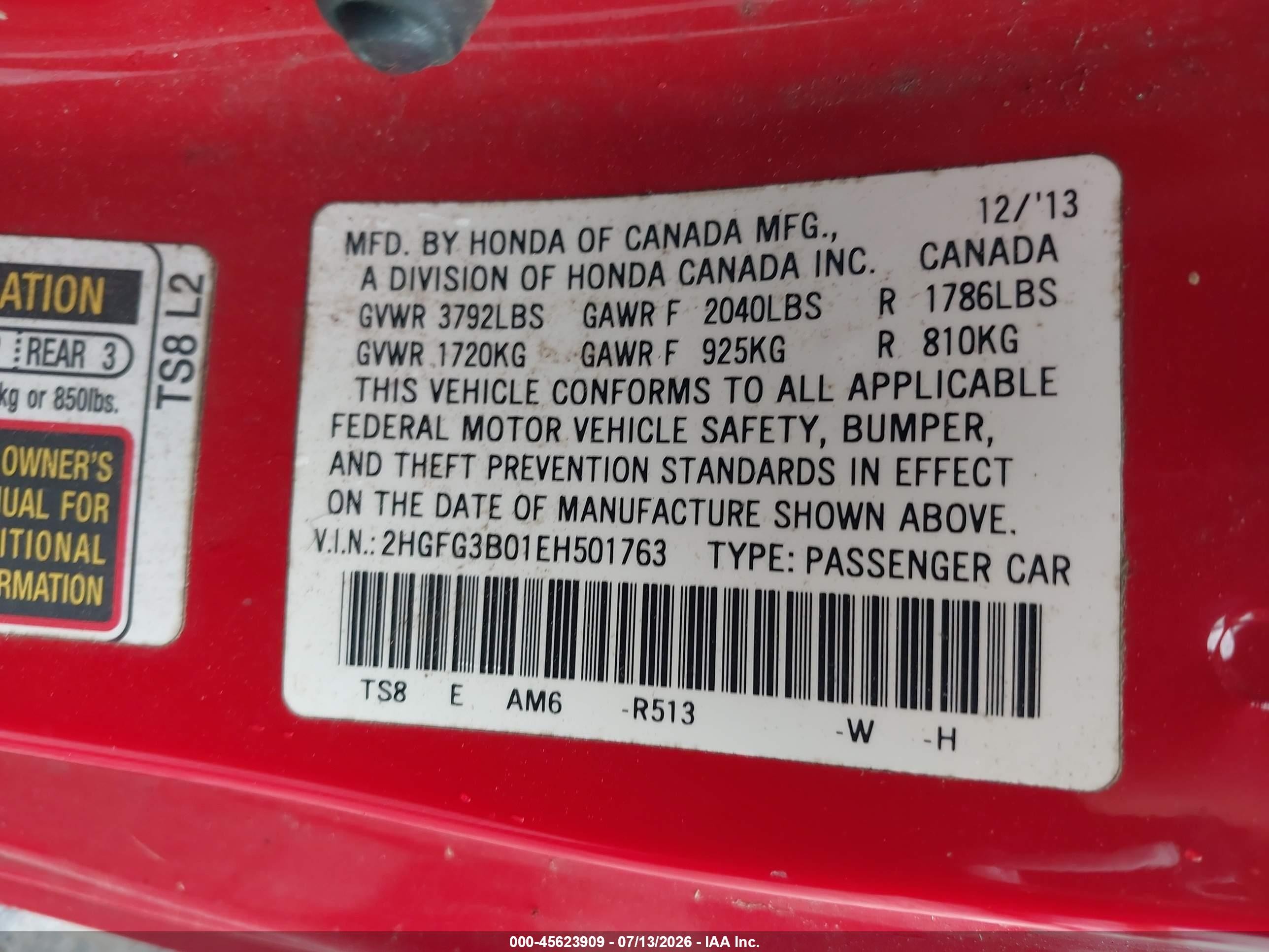 2014 Honda Civic Ex-l Red vin: 2HGFG3B01EH501763