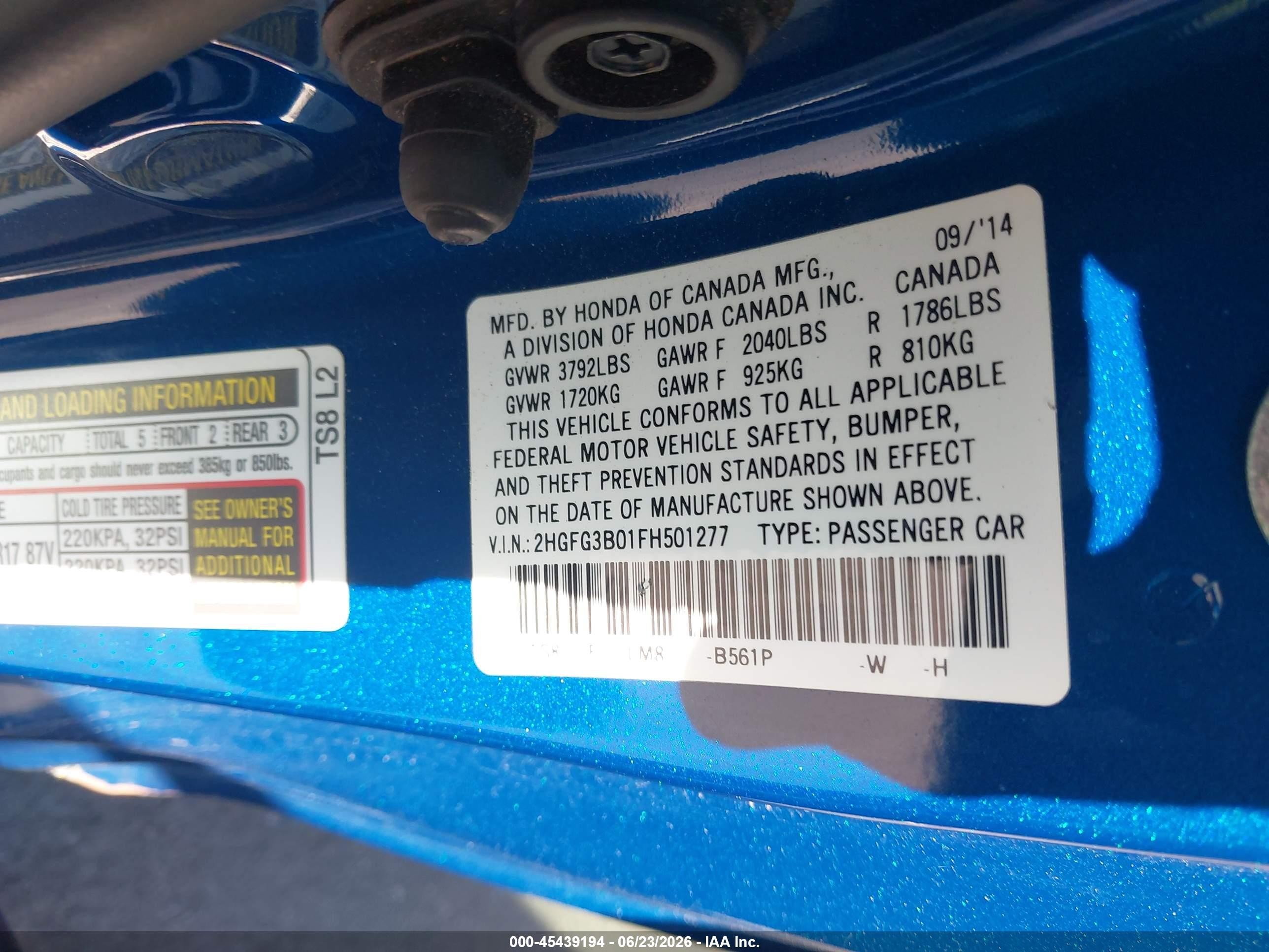 2015 Honda Civic Ex-l Blue vin: 2HGFG3B01FH501277