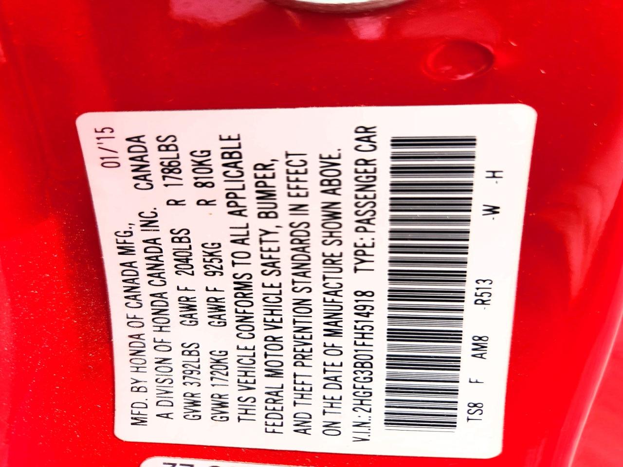 2015 Honda Civic Exl Red vin: 2HGFG3B01FH514918