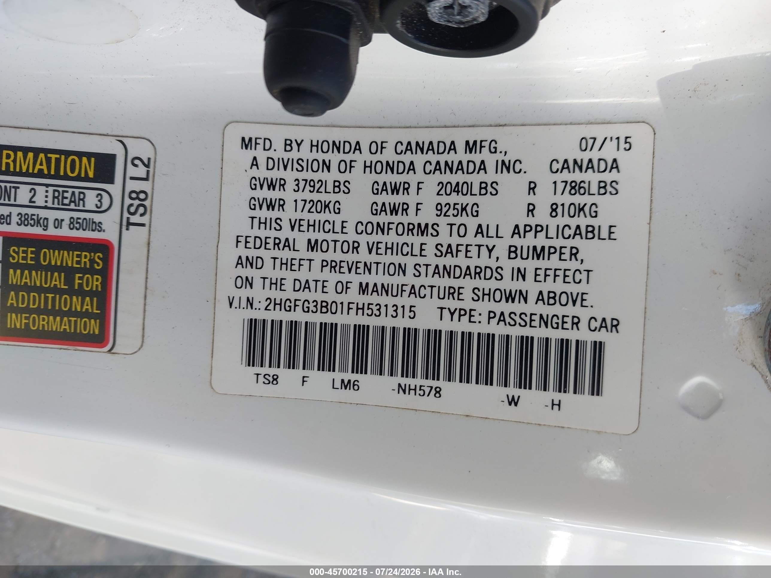 2015 Honda Civic Ex-l White vin: 2HGFG3B01FH531315