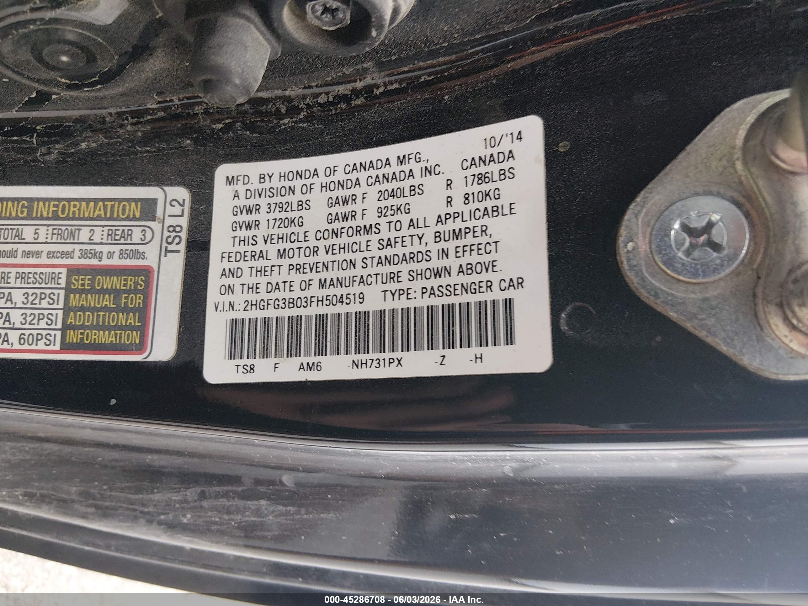 2015 Honda Civic Ex-l Черный vin: 2HGFG3B03FH504519