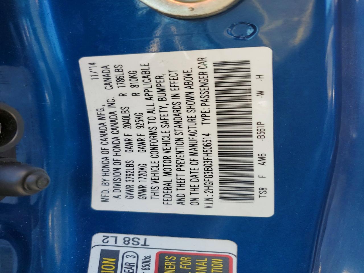2015 Honda Civic Exl Blue vin: 2HGFG3B03FH506514