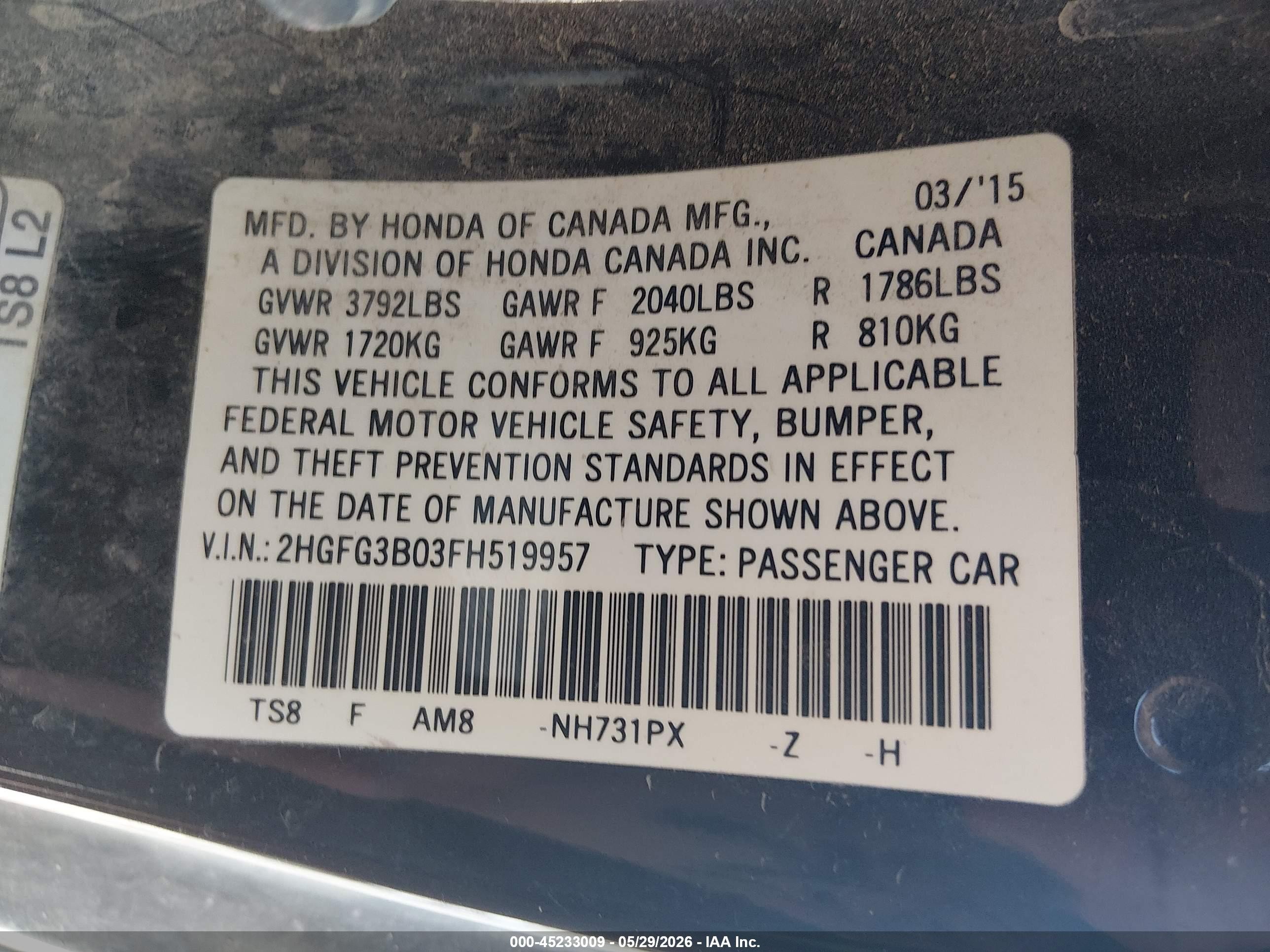 2015 Honda Civic Ex-l Черный vin: 2HGFG3B03FH519957