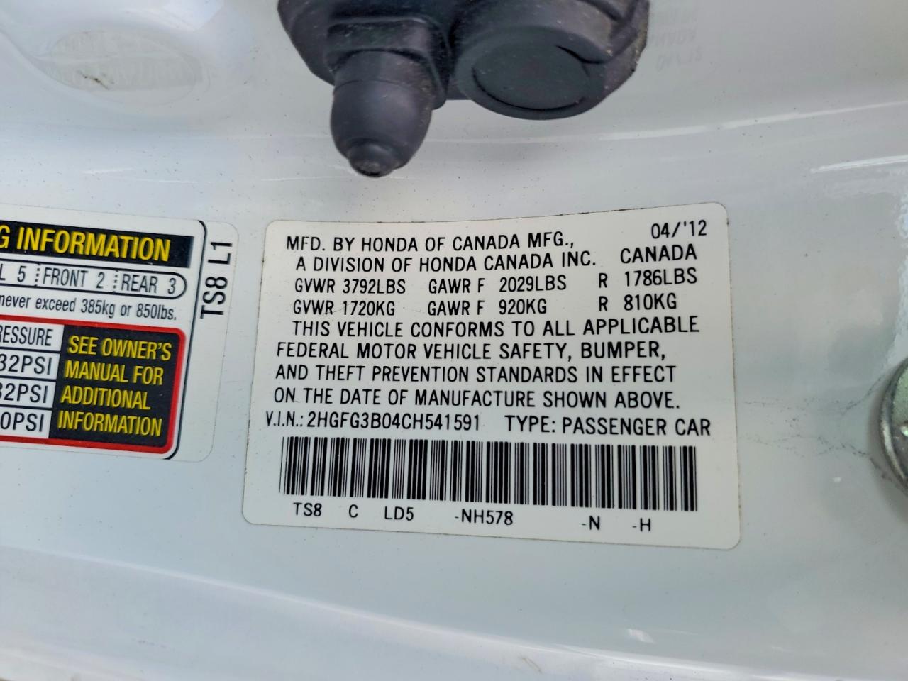 2012 Honda Civic Exl White vin: 2HGFG3B04CH541591