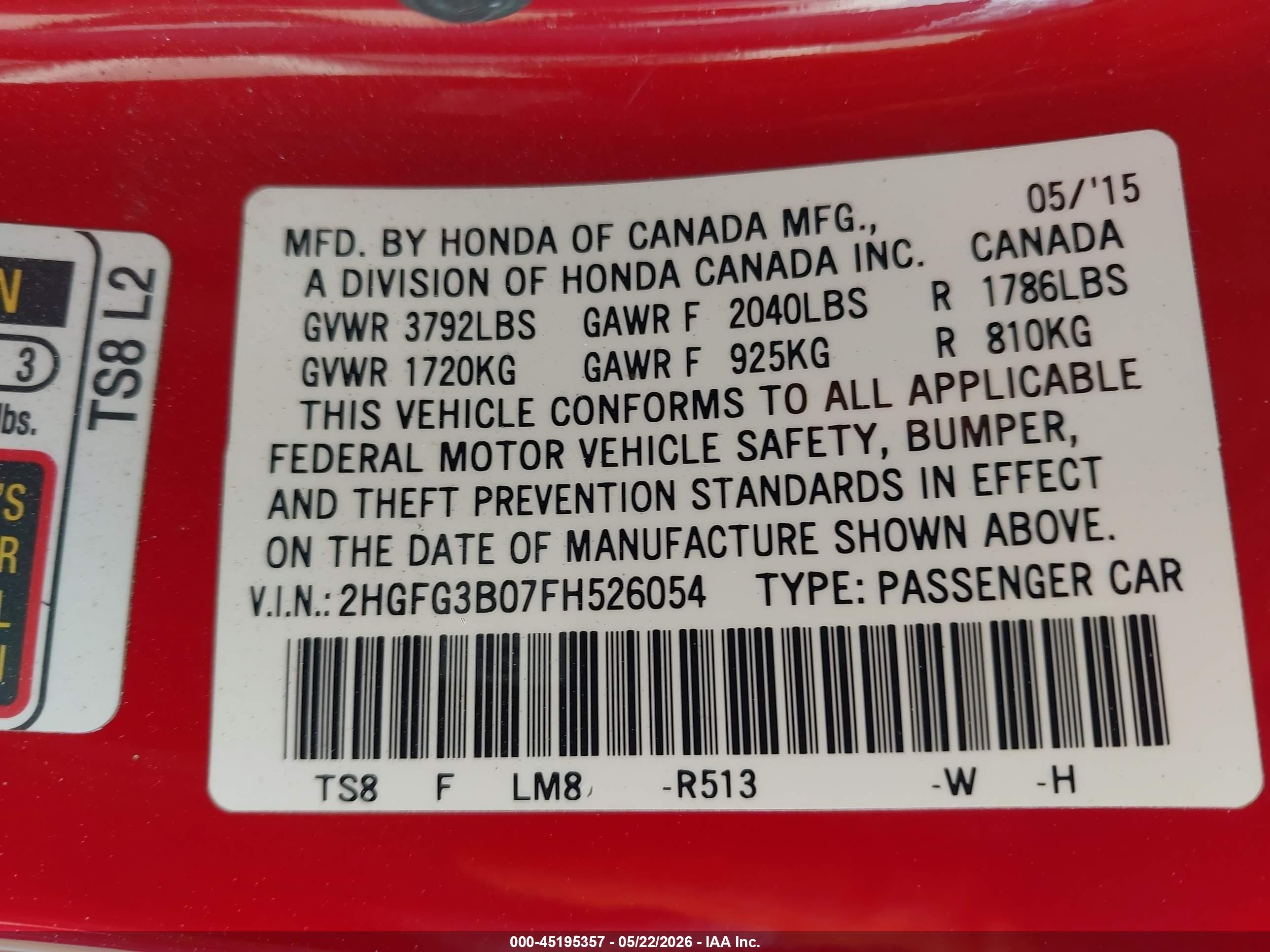 2015 Honda Civic Ex-l Red vin: 2HGFG3B07FH526054