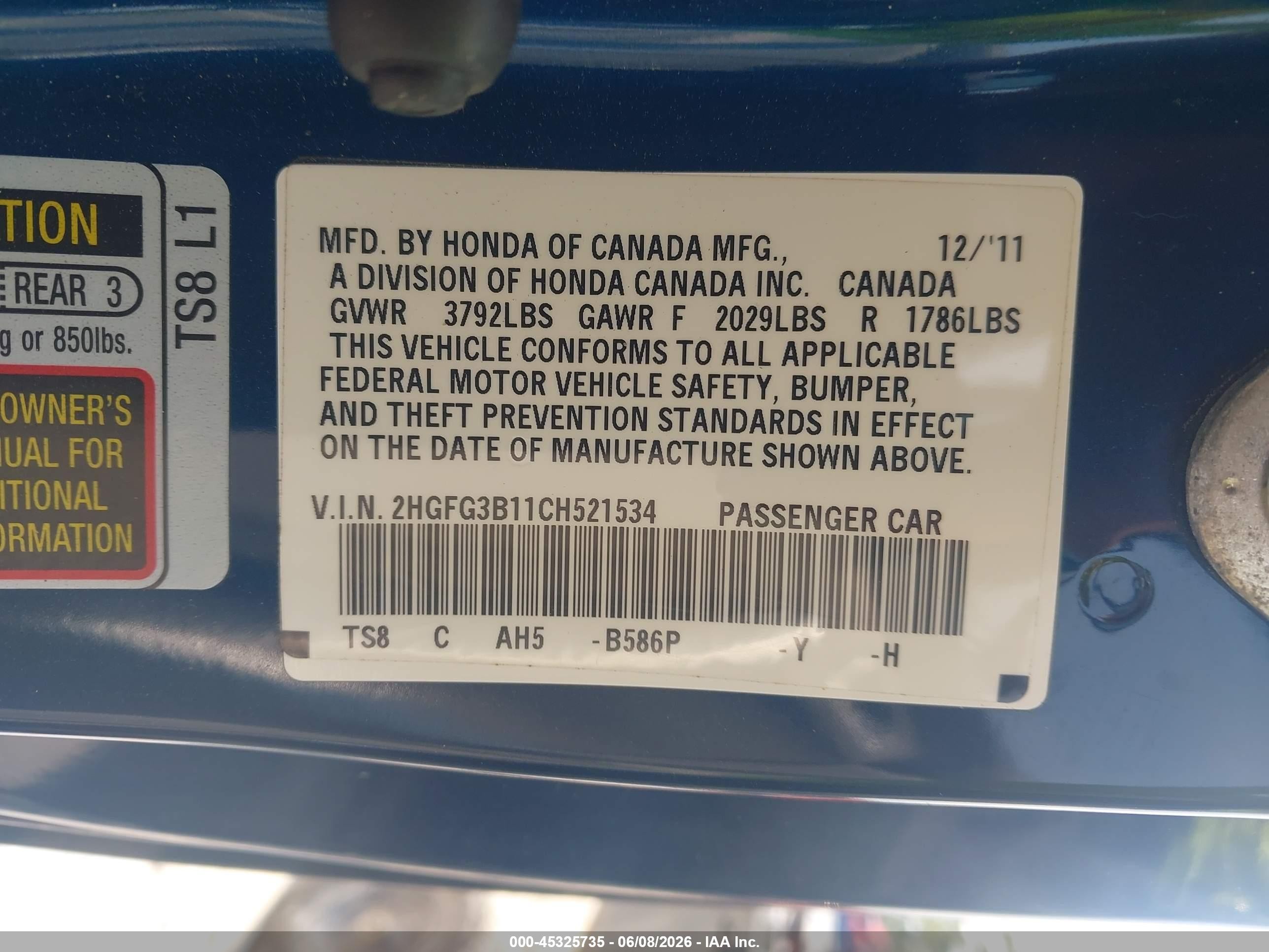 2012 Honda Civic Ex-l Blue vin: 2HGFG3B11CH521534