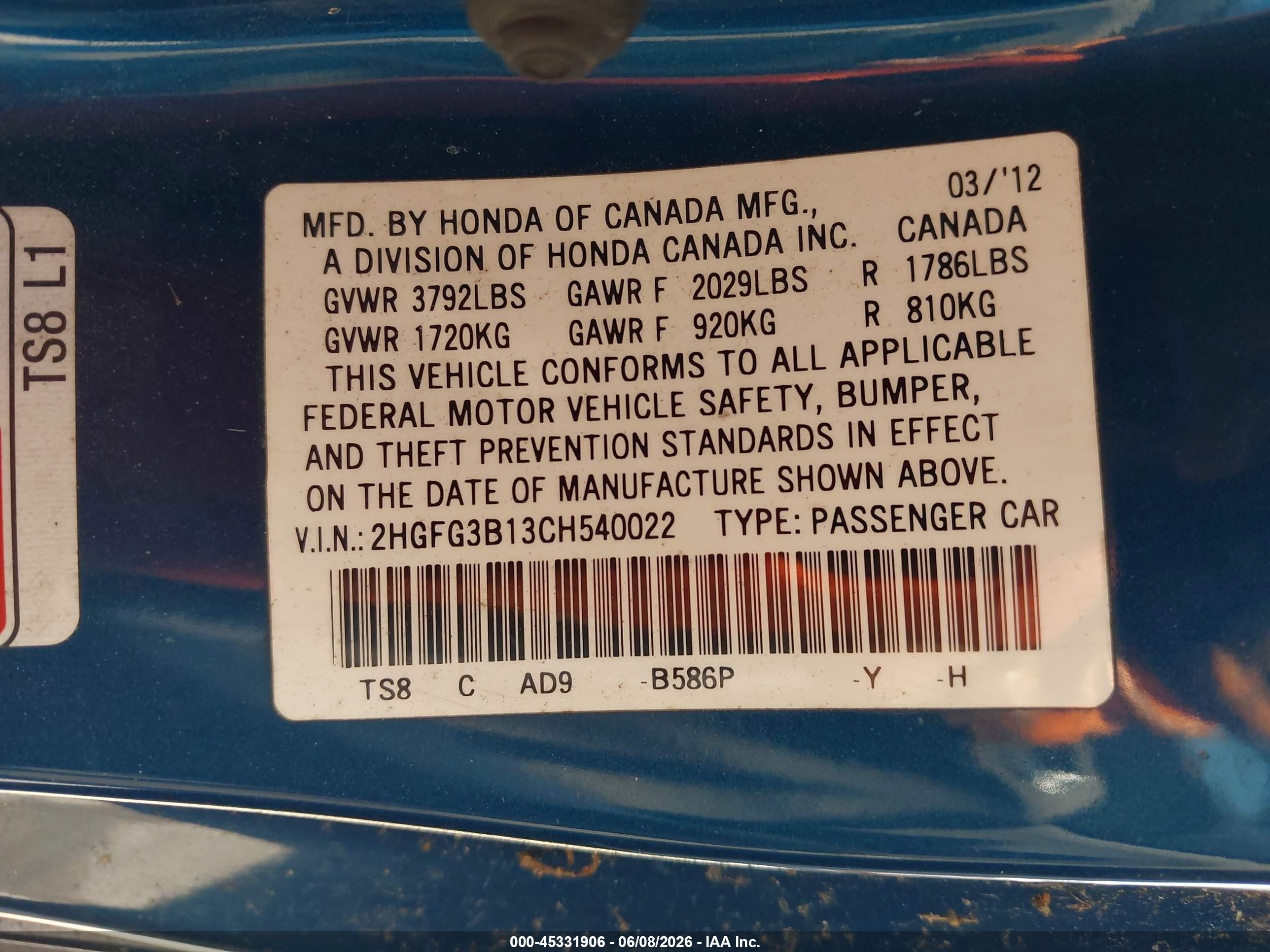 2012 Honda Civic Ex-l Blue vin: 2HGFG3B13CH540022