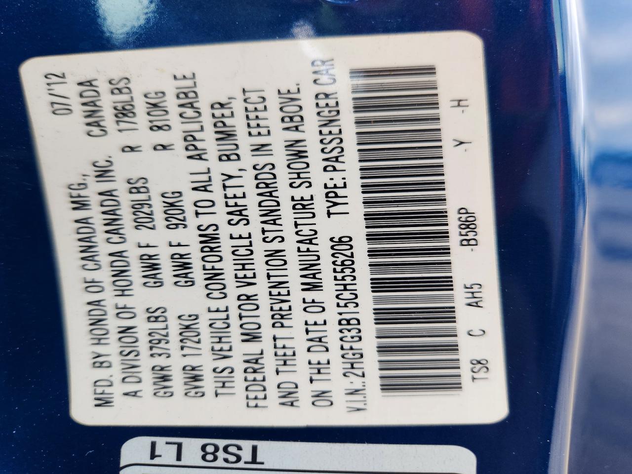 2012 Honda Civic Exl Blue vin: 2HGFG3B15CH556206
