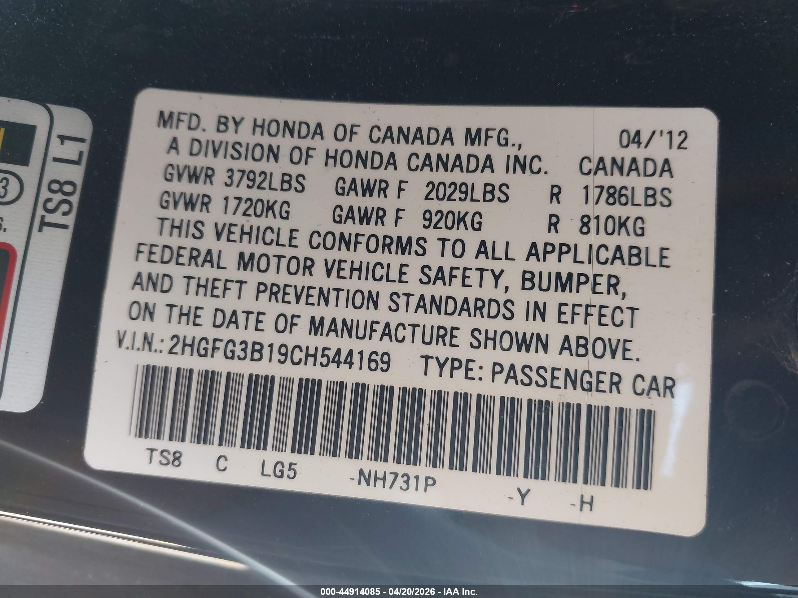 2012 Honda Civic Ex-l Black vin: 2HGFG3B19CH544169