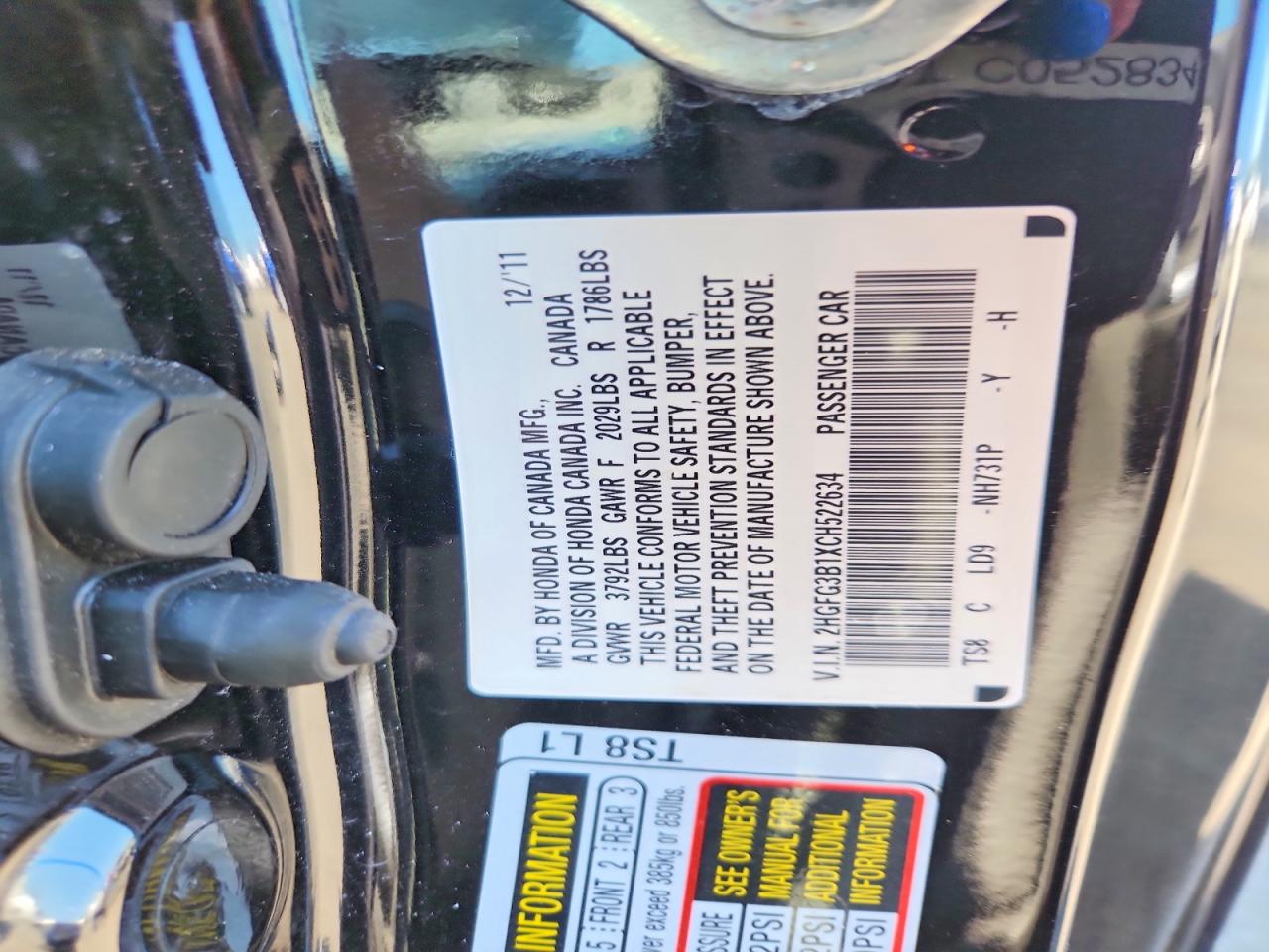 2012 Honda Civic Exl Black vin: 2HGFG3B1XCH522634