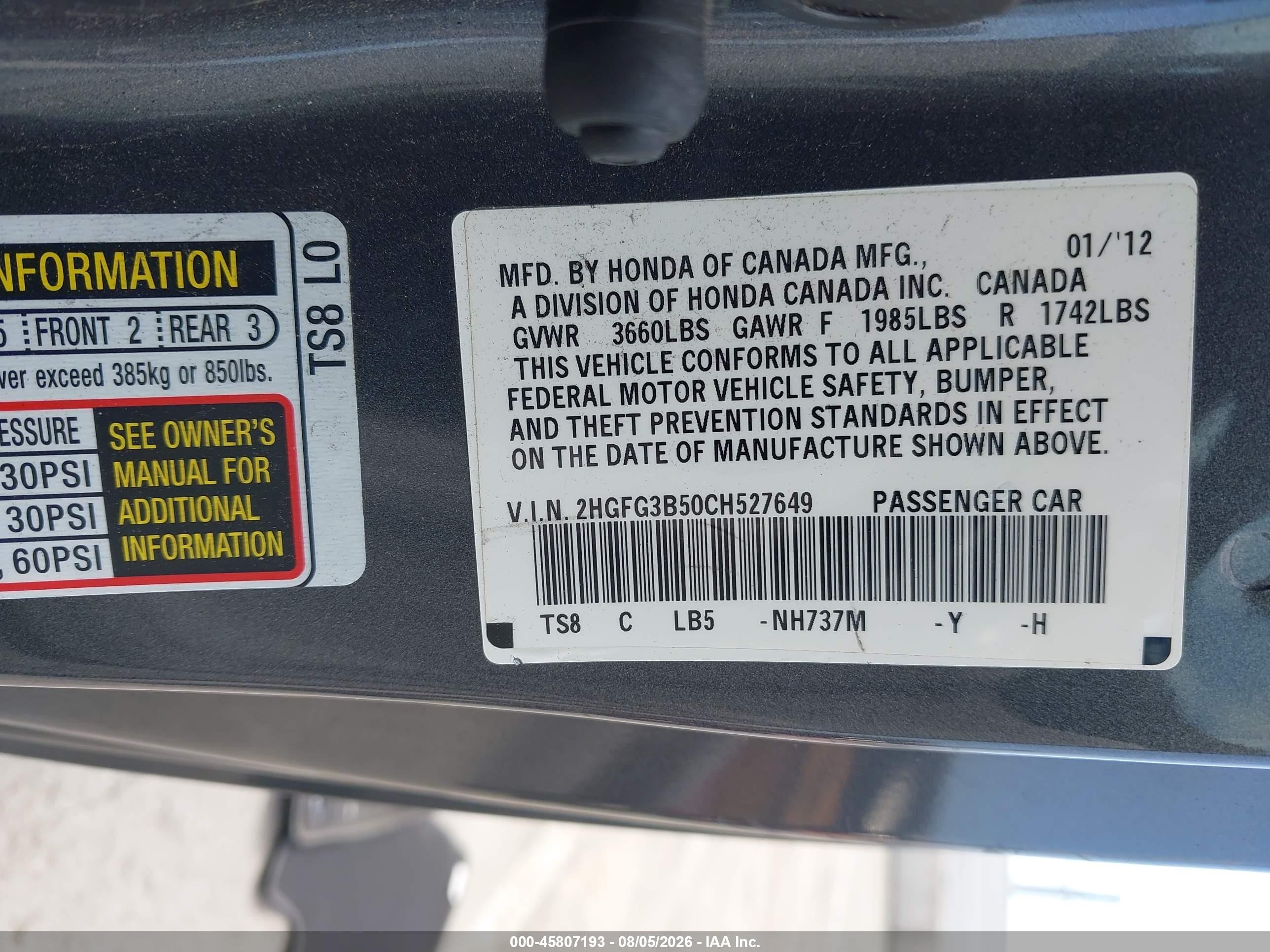2012 Honda Civic Lx Gray vin: 2HGFG3B50CH527649