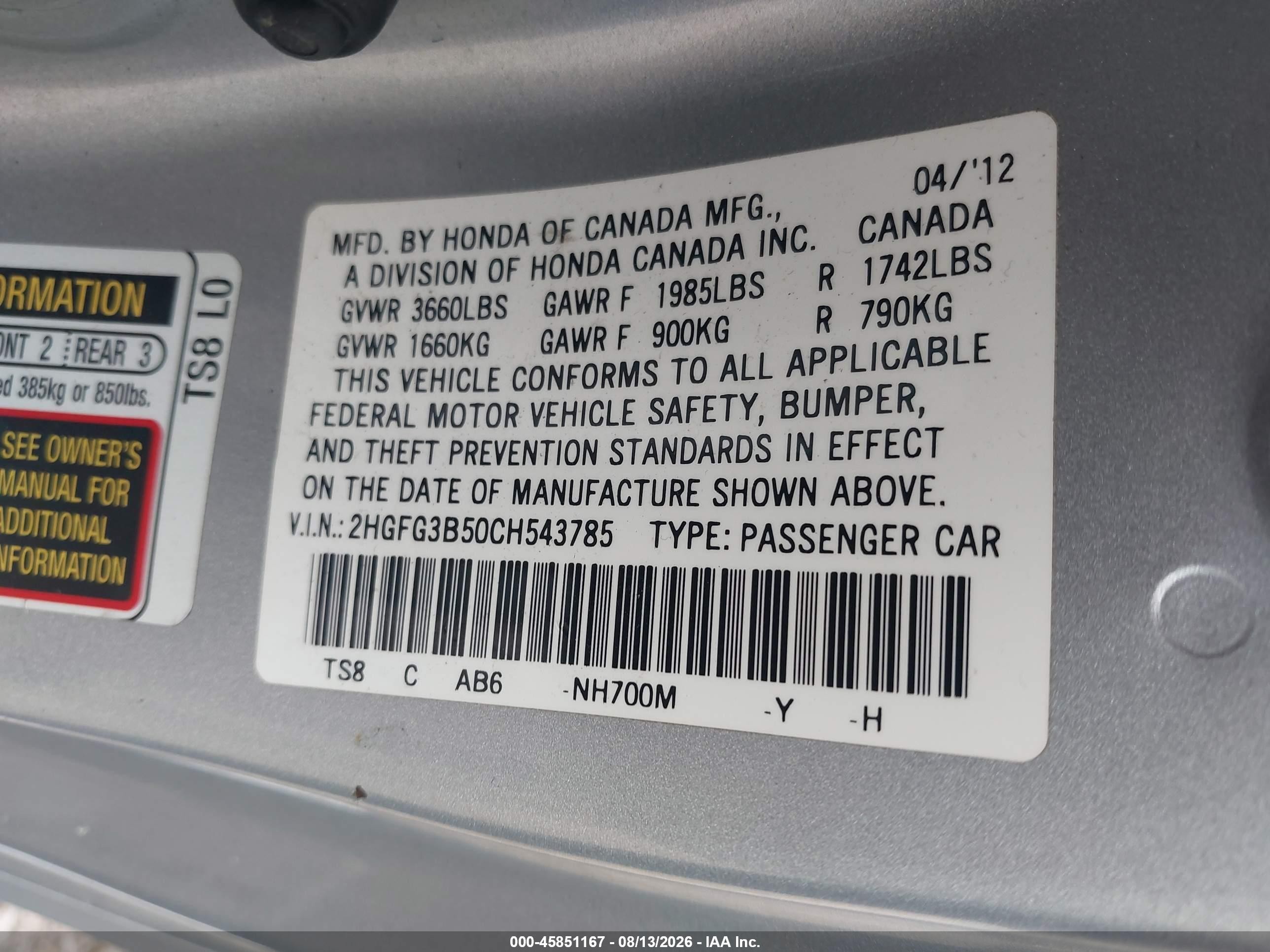 2012 Honda Civic Lx Silver vin: 2HGFG3B50CH543785
