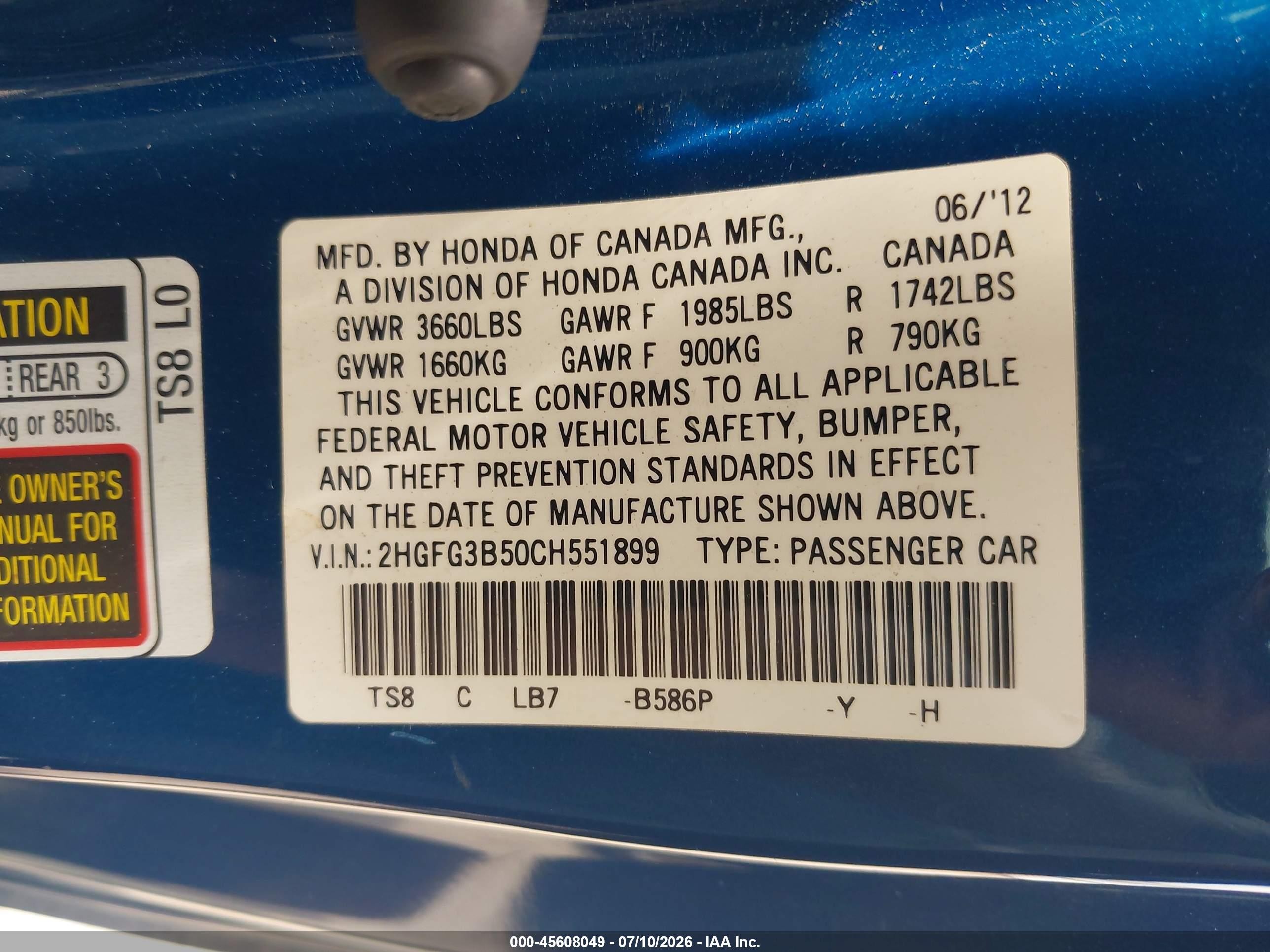 2012 Honda Civic Lx Blue vin: 2HGFG3B50CH551899